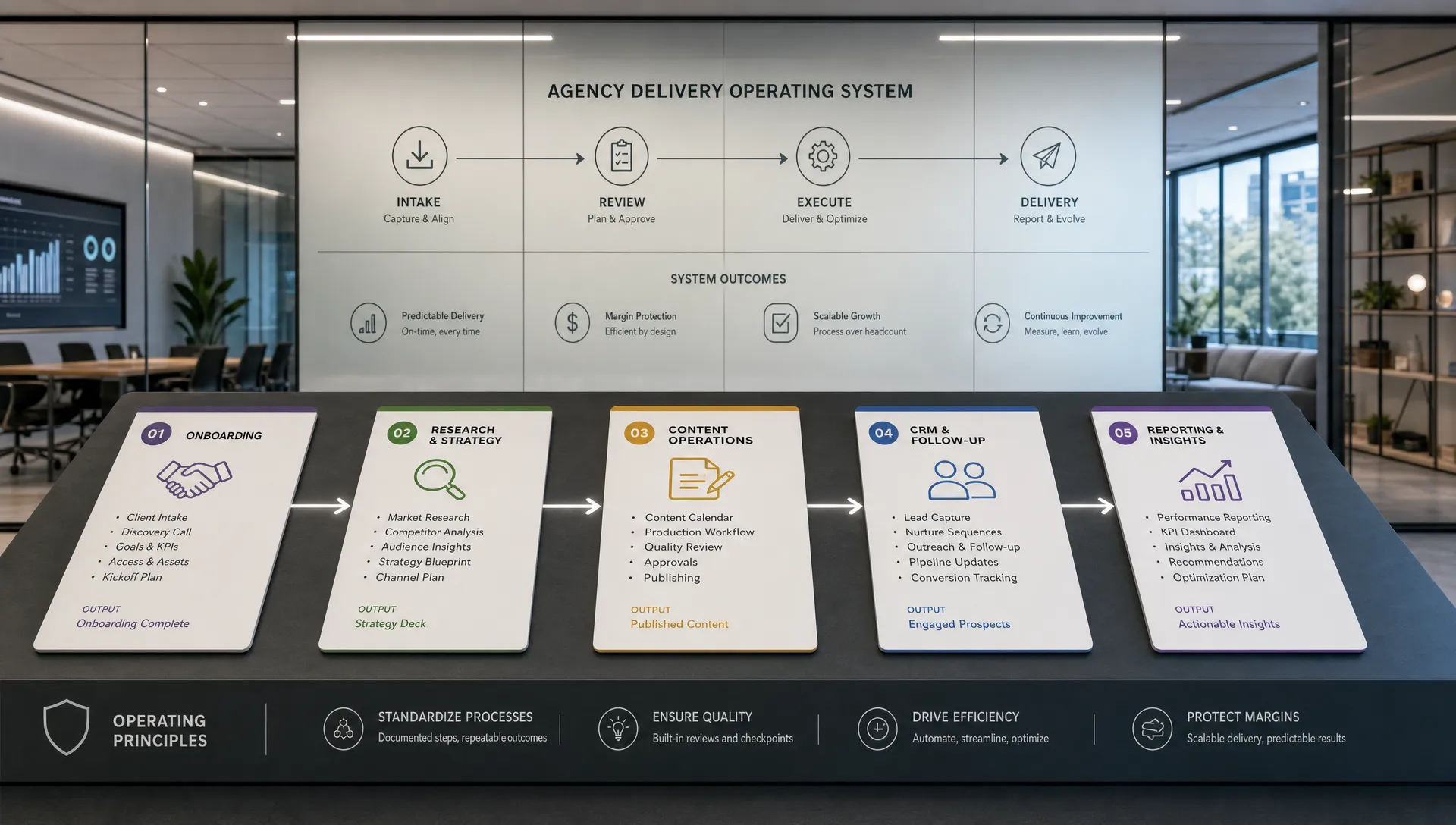 A conceptual scene of a marketing agency workflow being standardized through a series of connected process cards laid out across a long table, with onboarding, reporting, research, CRM follow-up, and content operations shown as distinct stages linked by simple arrows. In the background, a clean glass wall shows a subtle flow from intake to review to delivery, emphasizing repeatable operations and margin protection in a modern workspace with no people present. The composition should feel like an operating system for agency delivery rather than a desk or wall-board office setup.