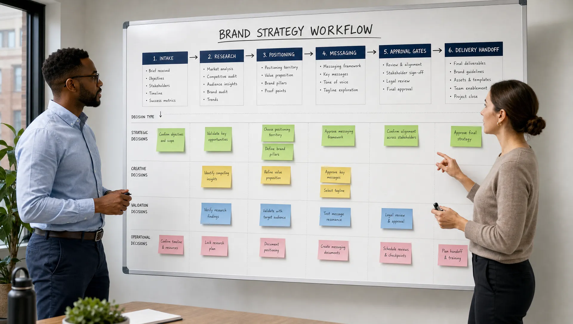 A brand strategy team reviews a structured workflow board showing intake, research, positioning, messaging, approval gates, and delivery handoff, with notes grouped by decision type rather than scattered comments, in a meeting room with two people standing beside the board instead of at desks.