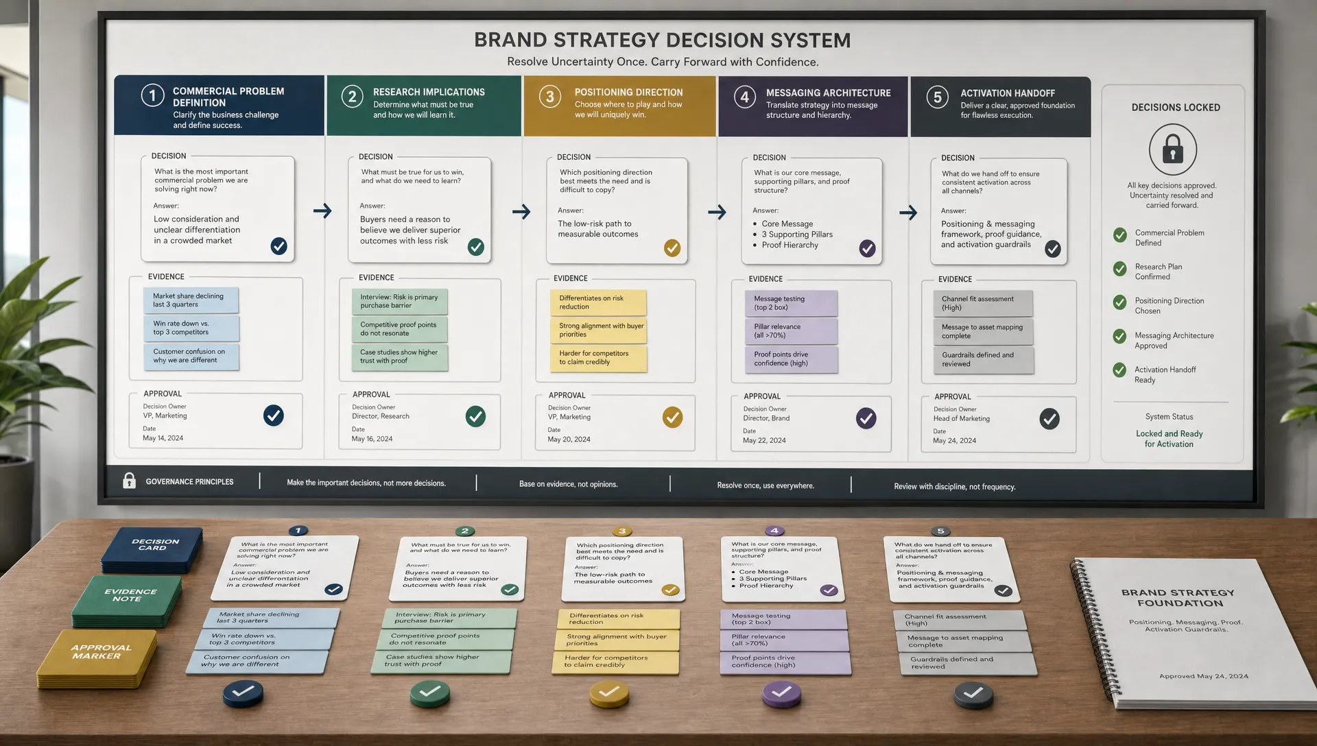 A clean conceptual scene of a brand strategy decision system shown as a single large wall board in a modern workspace, with distinct lanes for commercial problem definition, research implications, positioning direction, messaging architecture, and activation handoff. A small set of decision cards, evidence notes, and approval markers are arranged on a table in the foreground, emphasizing how uncertainty is resolved once and carried forward without people present. The composition should feel more like a decision-making framework than a generic office workflow.