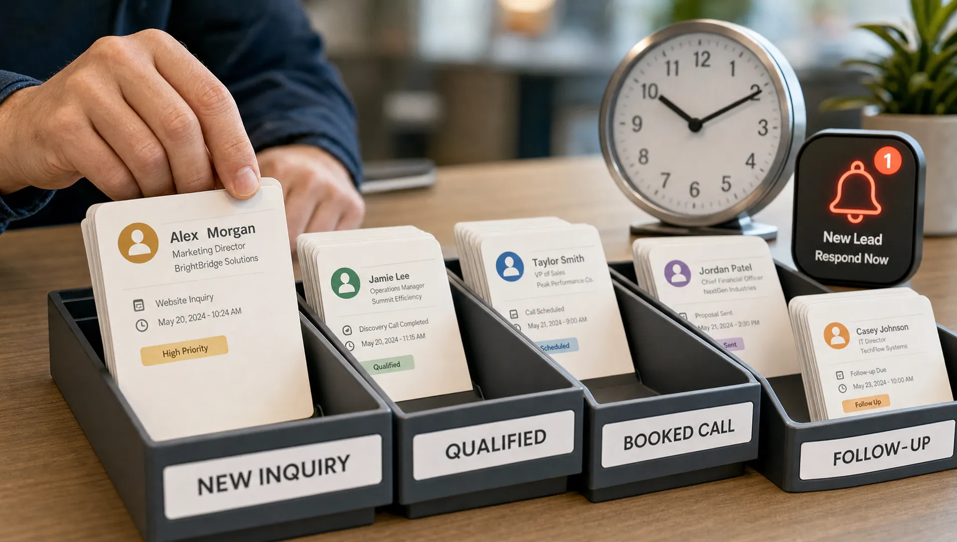 A close-up of warm lead cards moving through labeled trays for new inquiry, qualified, booked call, proposal, and follow-up, with a clock and notification bell nearby to show fast response and clear ownership.