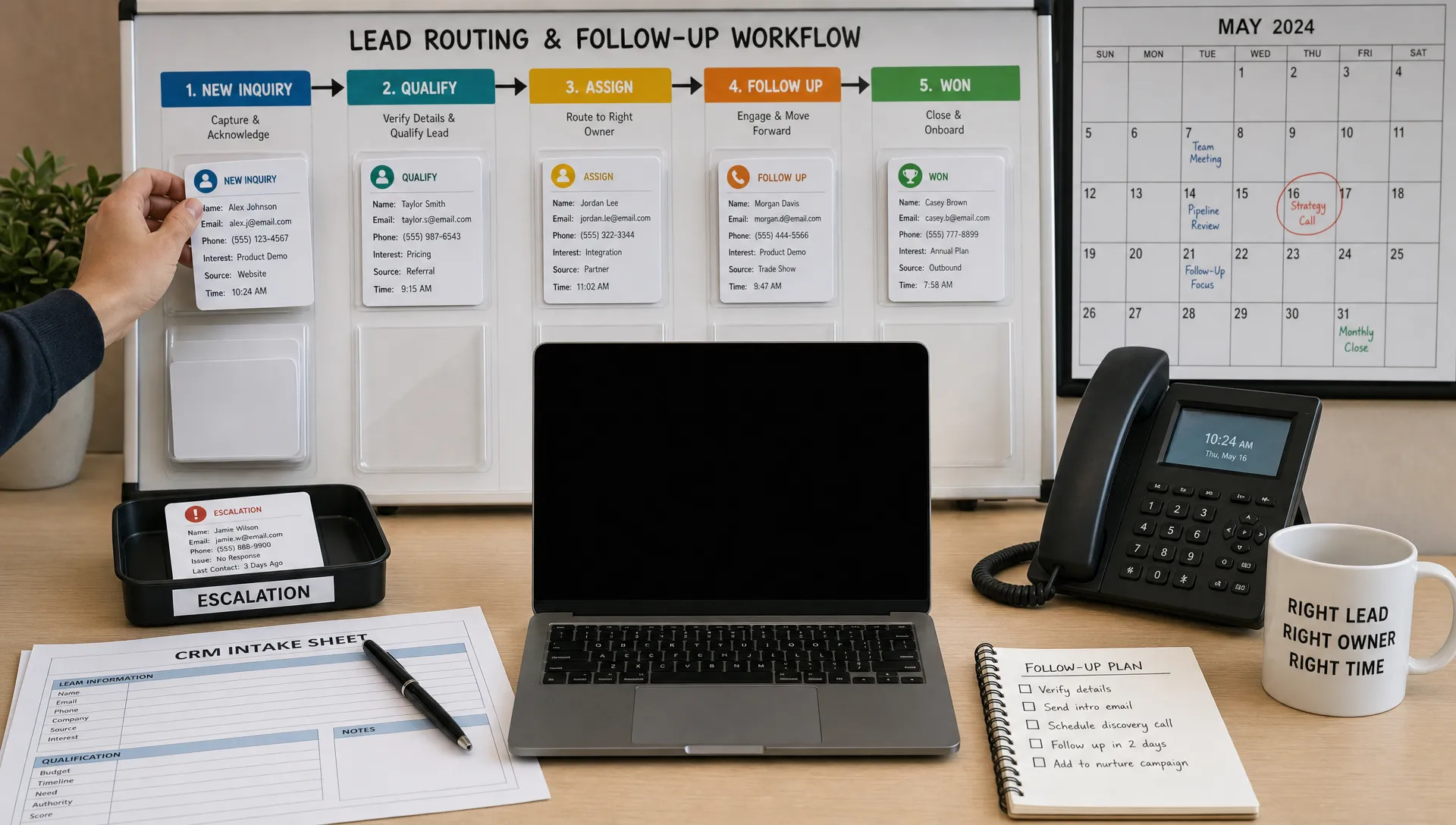A wide scene inside a sales operations workspace with a lead-routing board, a CRM intake sheet, a calendar, and a phone beside a laptop whose screen faces the camera and shows nothing. One hand places a new inquiry card into the first step of a clear follow-up workflow, while another card sits near an escalation tray, showing how warm leads move from capture to ownership before attention fades.