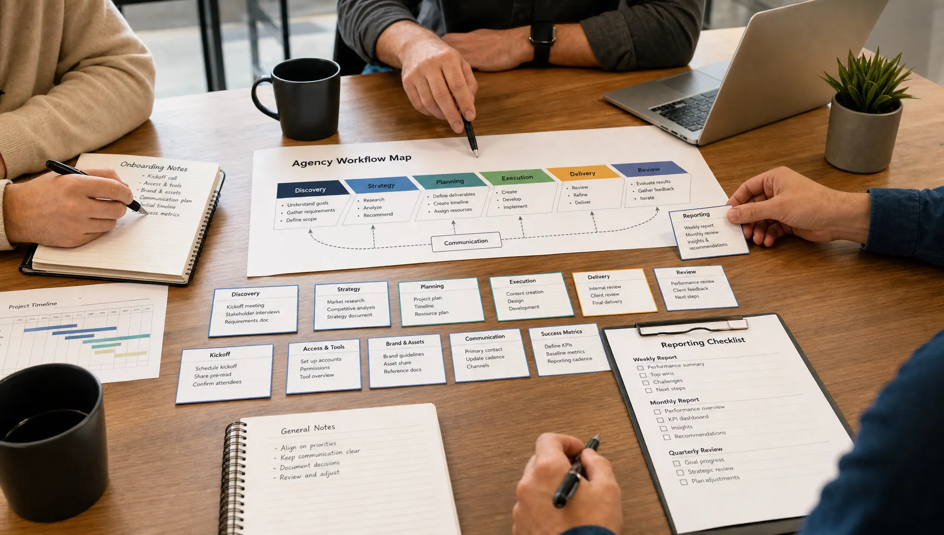 A conference table holds agency workflow maps, onboarding notes, reporting checklists, and connected process cards for delivery review.