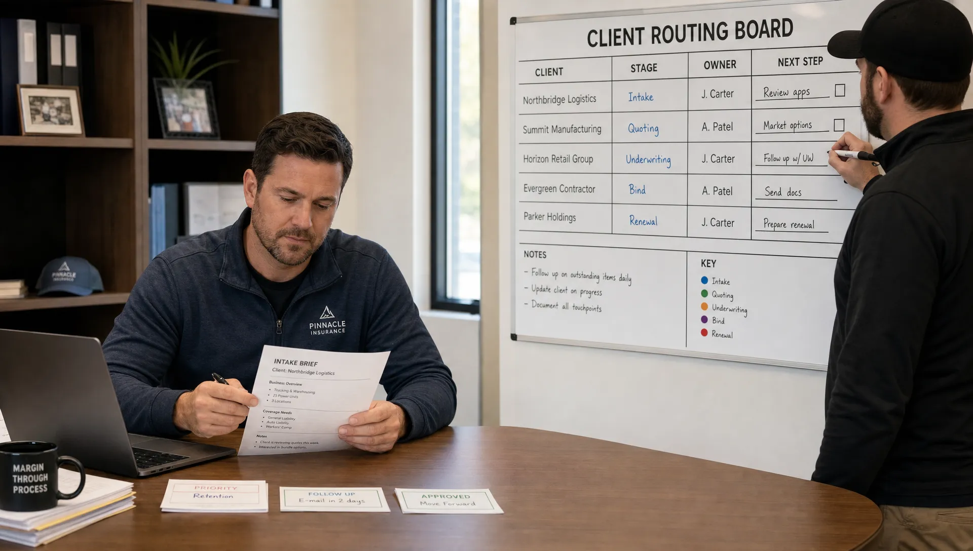 Two agency operators review an intake brief and a routing board during a client workflow handoff.