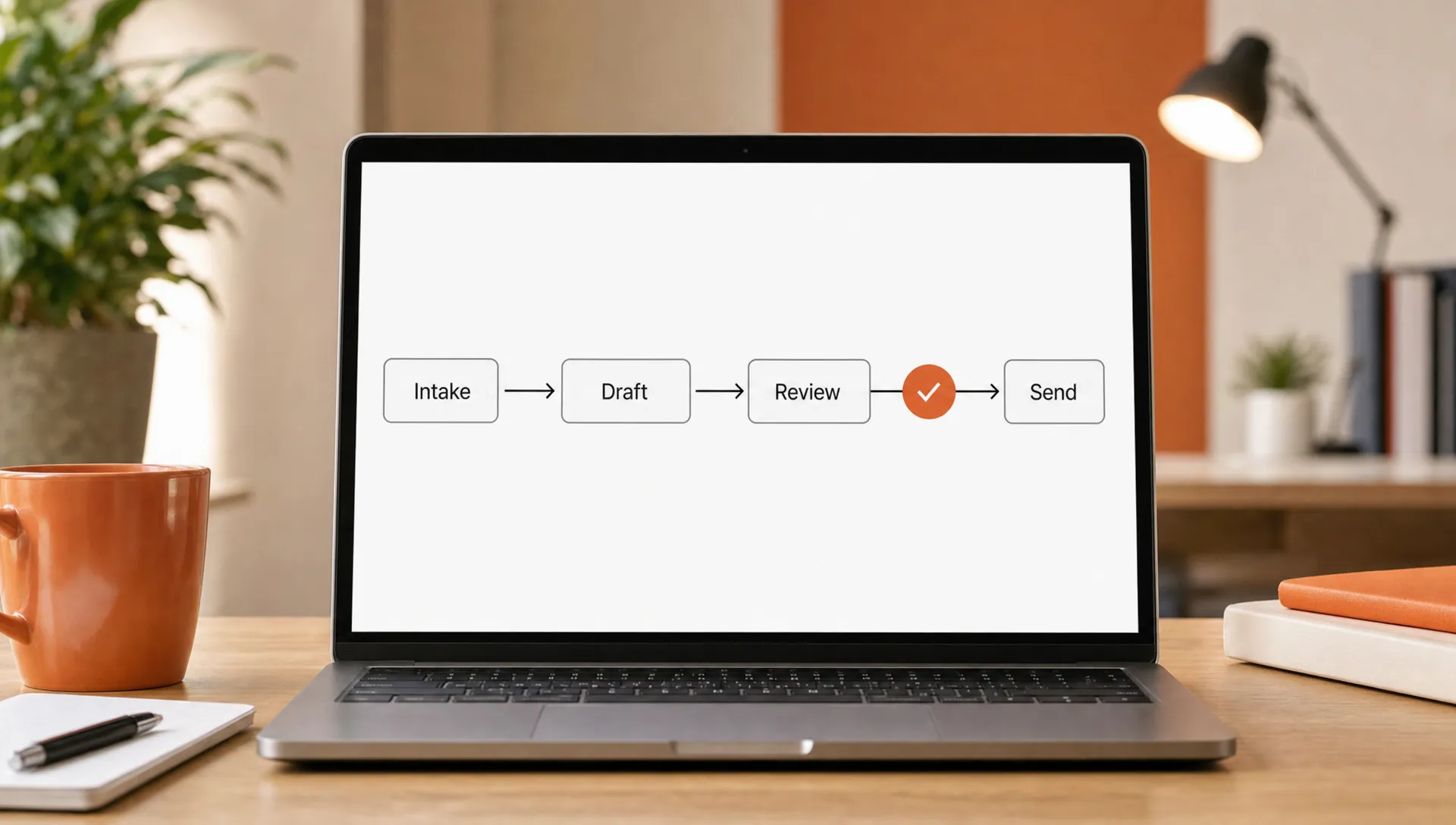 A simple workflow shows intake, draft, review, and send as connected boxes with one burnt orange approval marker.