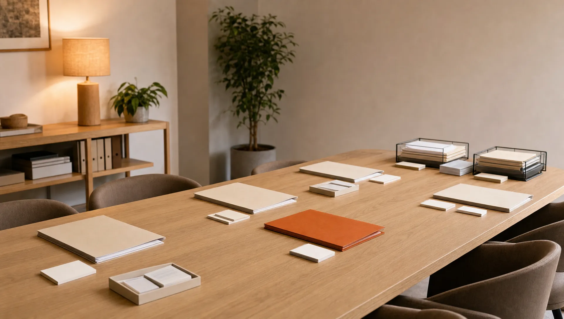 A quiet agency operations room shows folders and paper stacks arranged for onboarding, review, reporting, and follow-up.