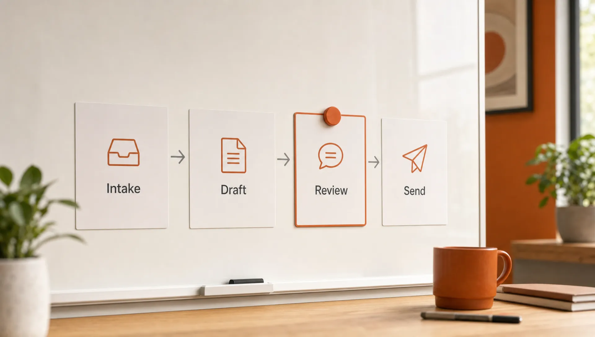 A simple workflow layout with intake, draft, review, and send shown as spaced cards, and a burnt orange marker beside review.