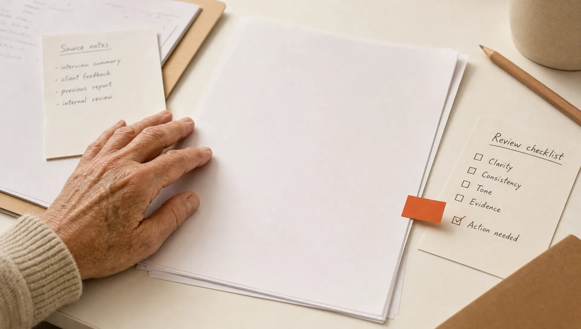 A report printout, source notes, and a checklist card sit on a table with one burnt orange tab marking the item still needing senior review.