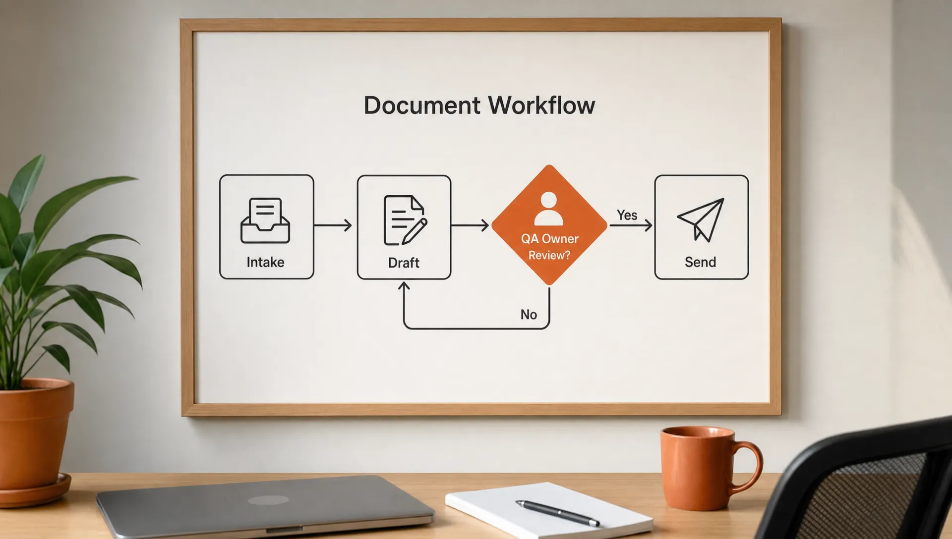 A simple workflow diagram on an off-white background shows intake, draft, review and send, with one burnt orange decision point marking the QA owner.