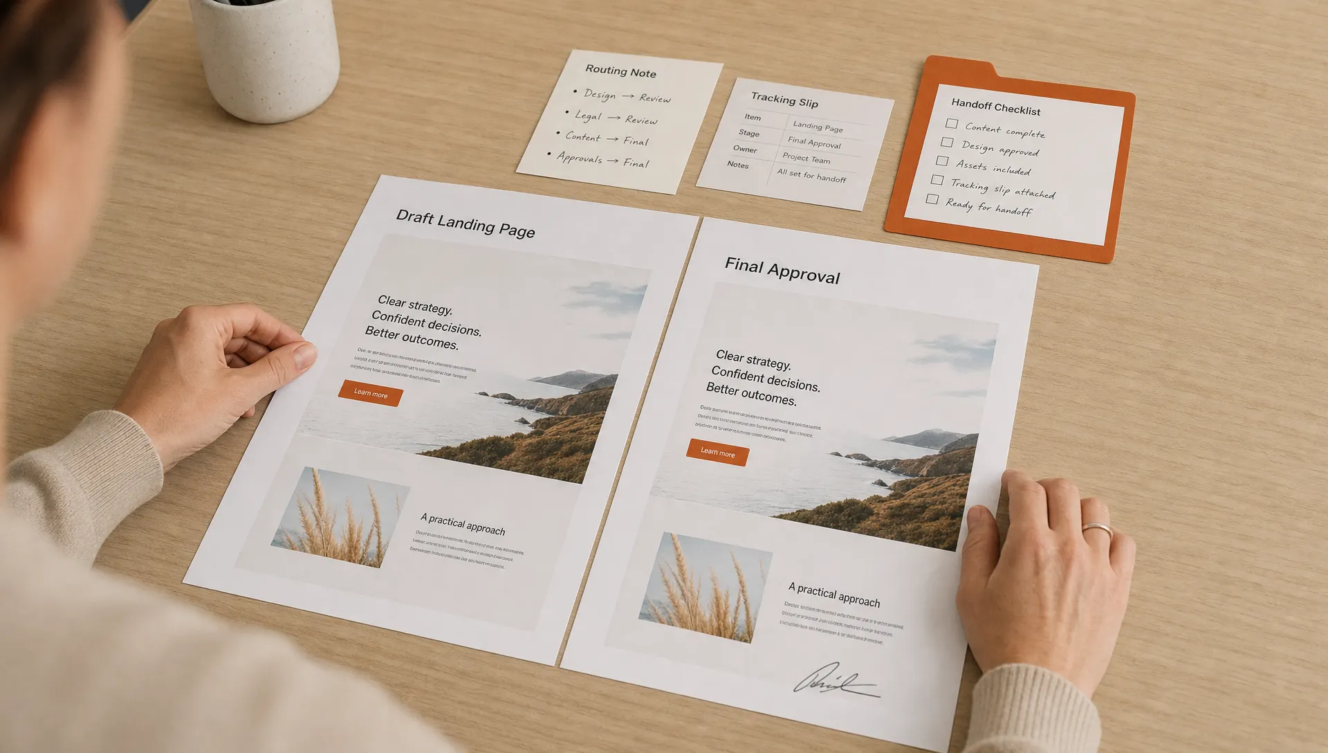 Hands compare a landing page draft with approval notes during the final QA pass.