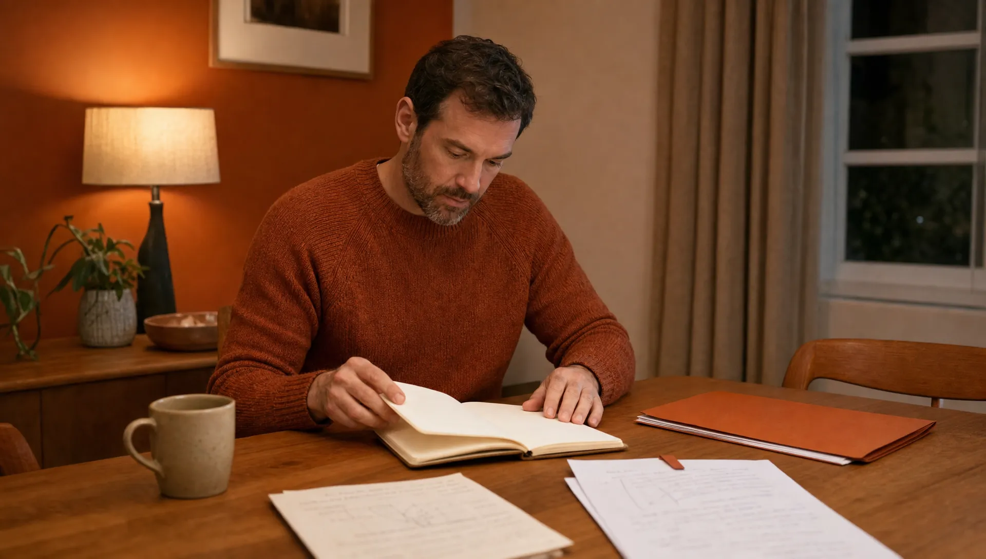 An agency owner reviews client notes and a notebook at a dining table after hours.