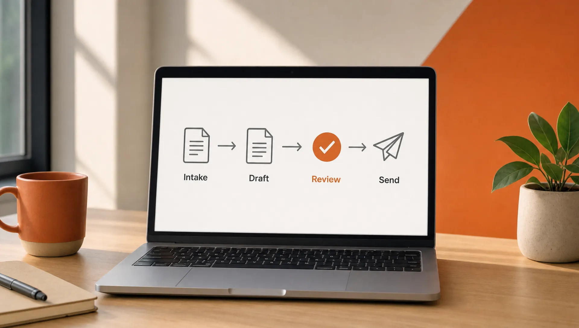 A simple workflow diagram shows intake, draft, review, and send with arrows and one burnt orange review marker.