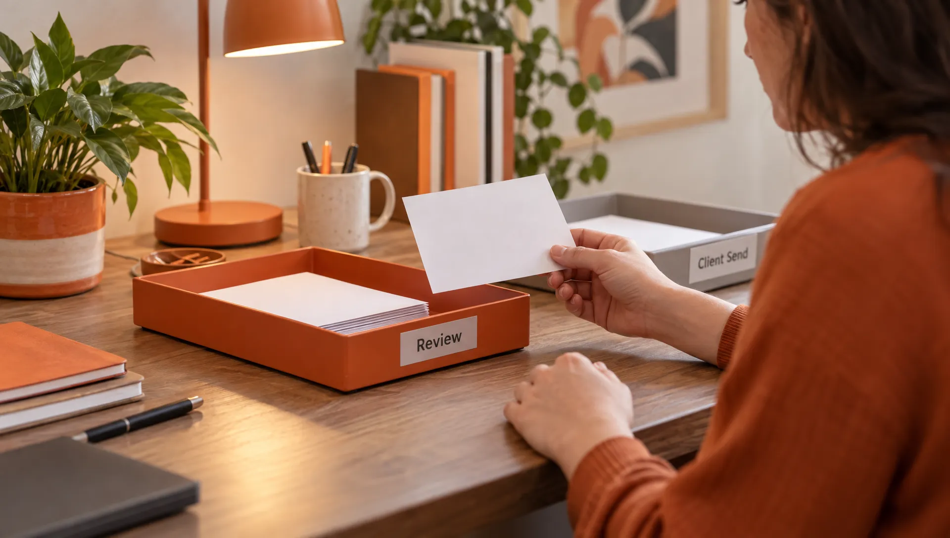 A plain draft card waits in a shallow review tray while a reviewer checks it before release to the client-send queue.