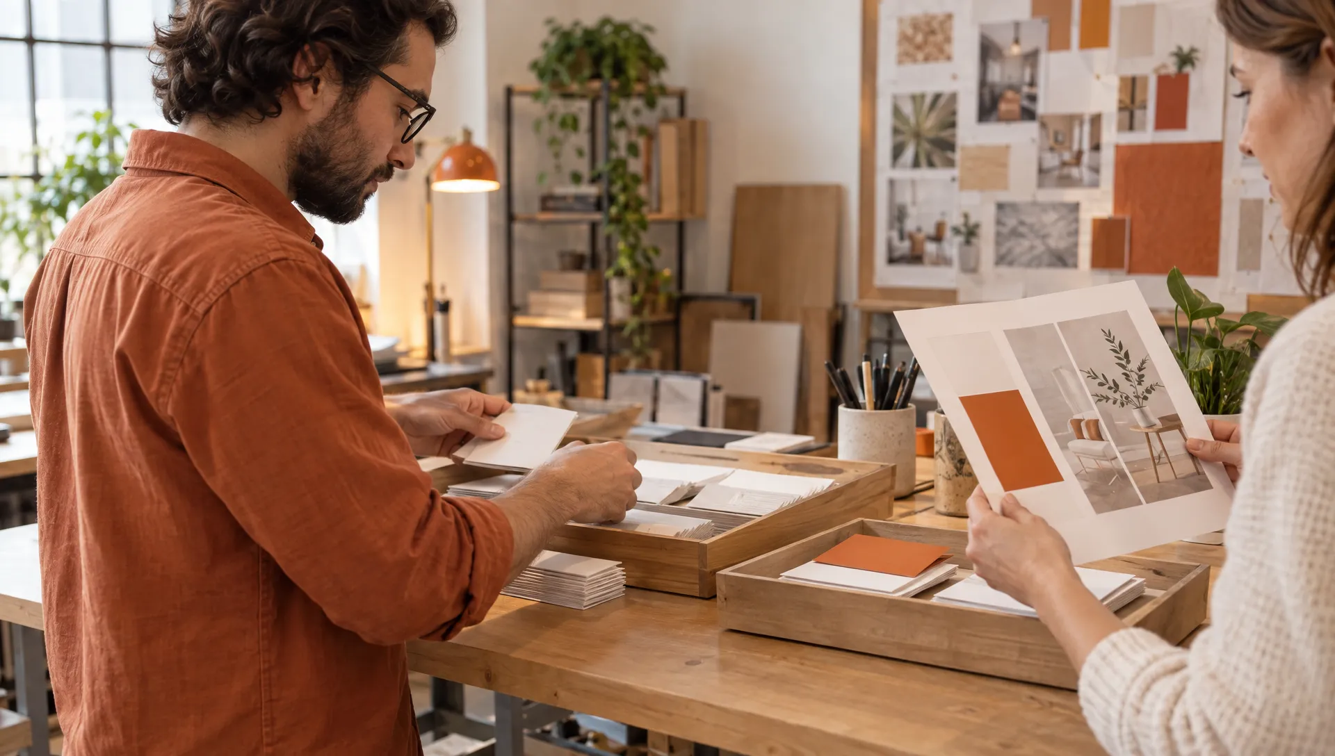 An agency operator sorts source cards while a colleague compares a blank draft page at the review tray.