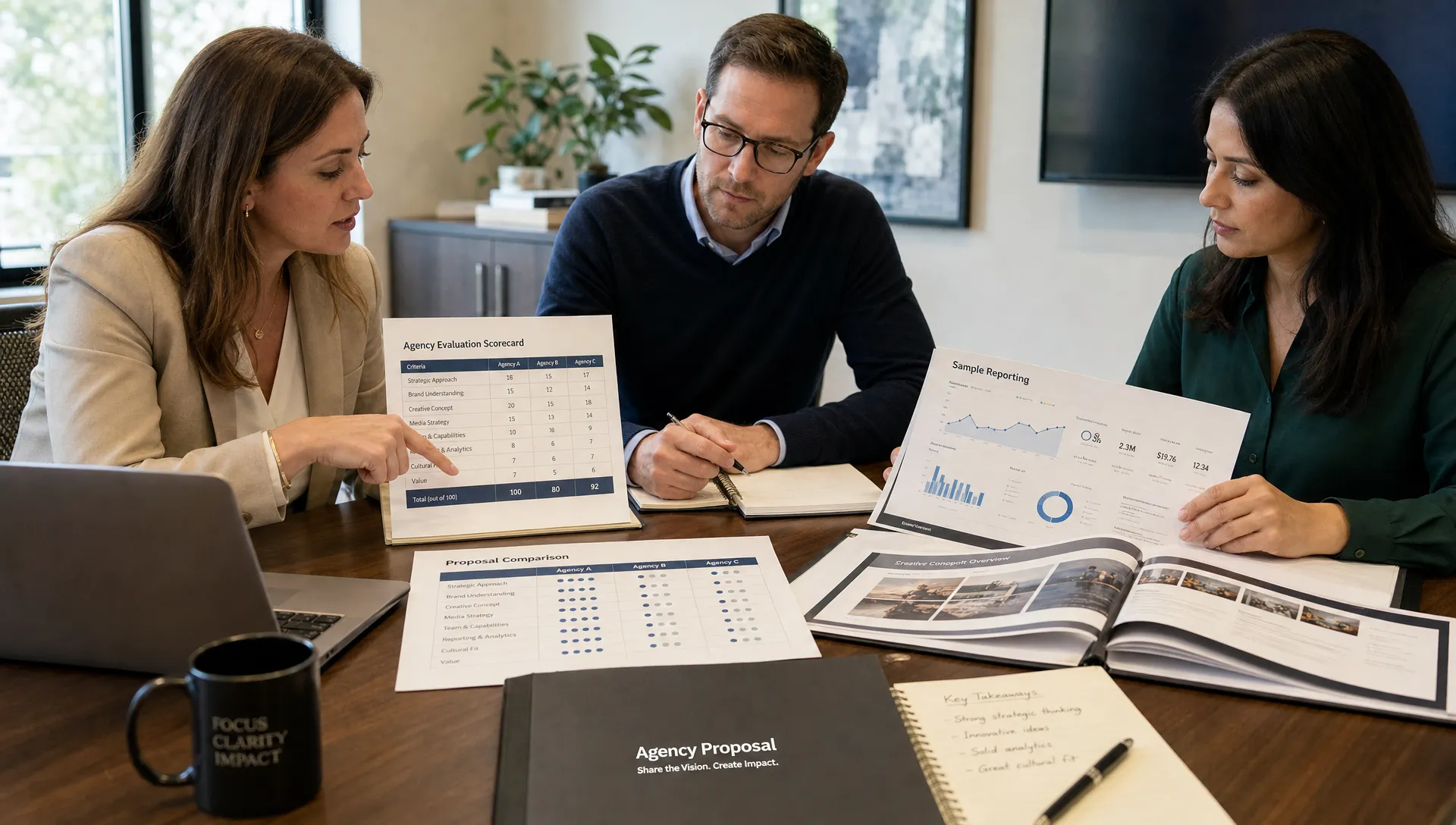 Three adults review agency proposals and a scorecard in a conference room, comparing fit, proof, operations and reporting.