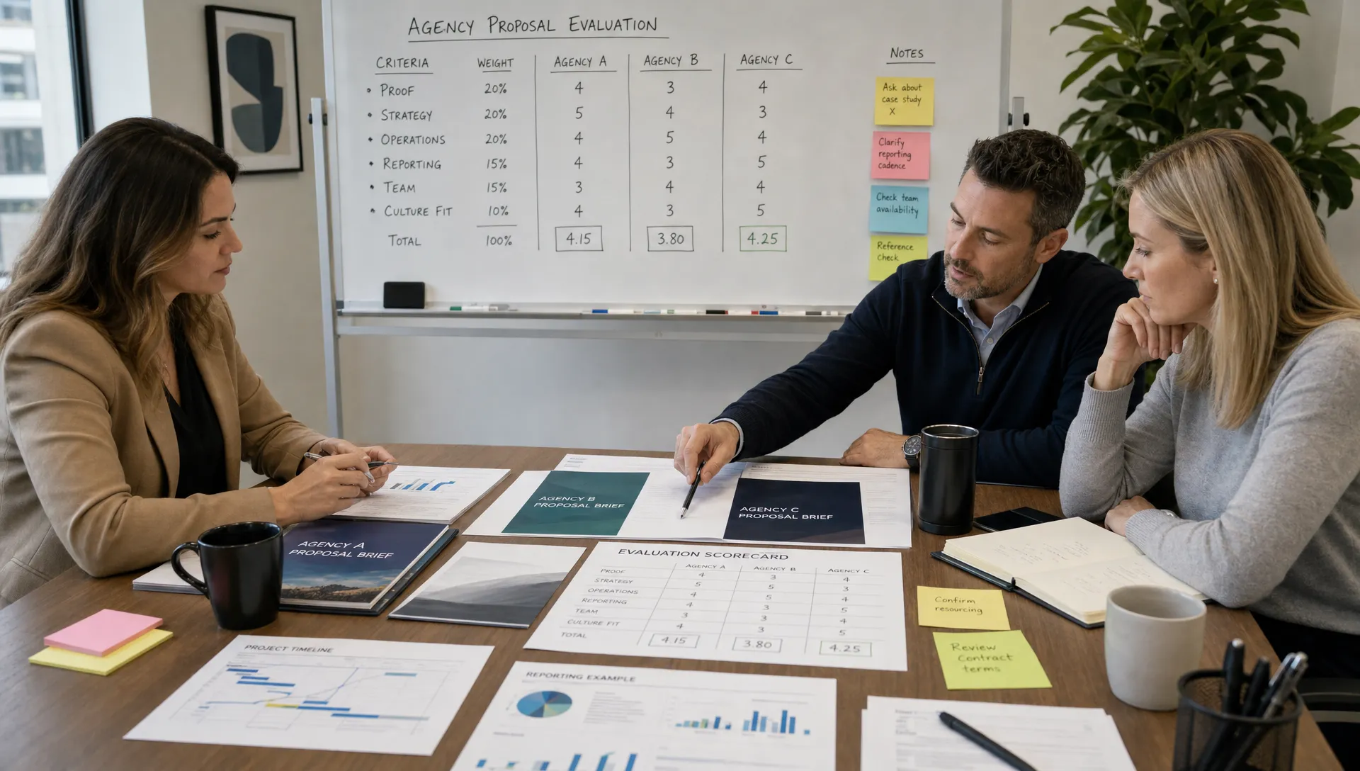 Three adults compare agency proposals on a conference table with scorecards, briefs, sticky notes and a whiteboard of criteria like proof, operations, reporting and fit.