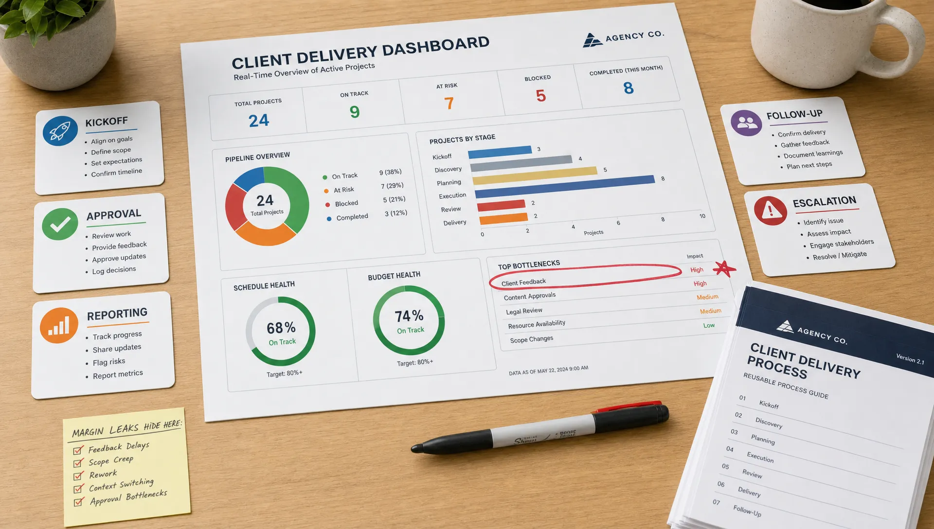 A client delivery dashboard sits beside kickoff, reporting, and follow-up cards, highlighting the bottlenecks that hurt margin.