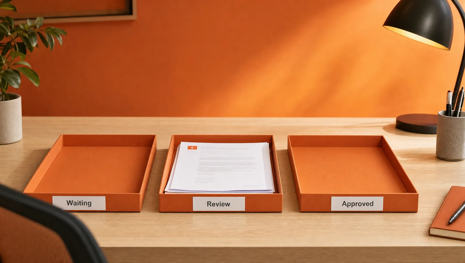 A simple paper workflow shows Waiting, Review and Approved, with one draft sitting at Review and the other stages empty.