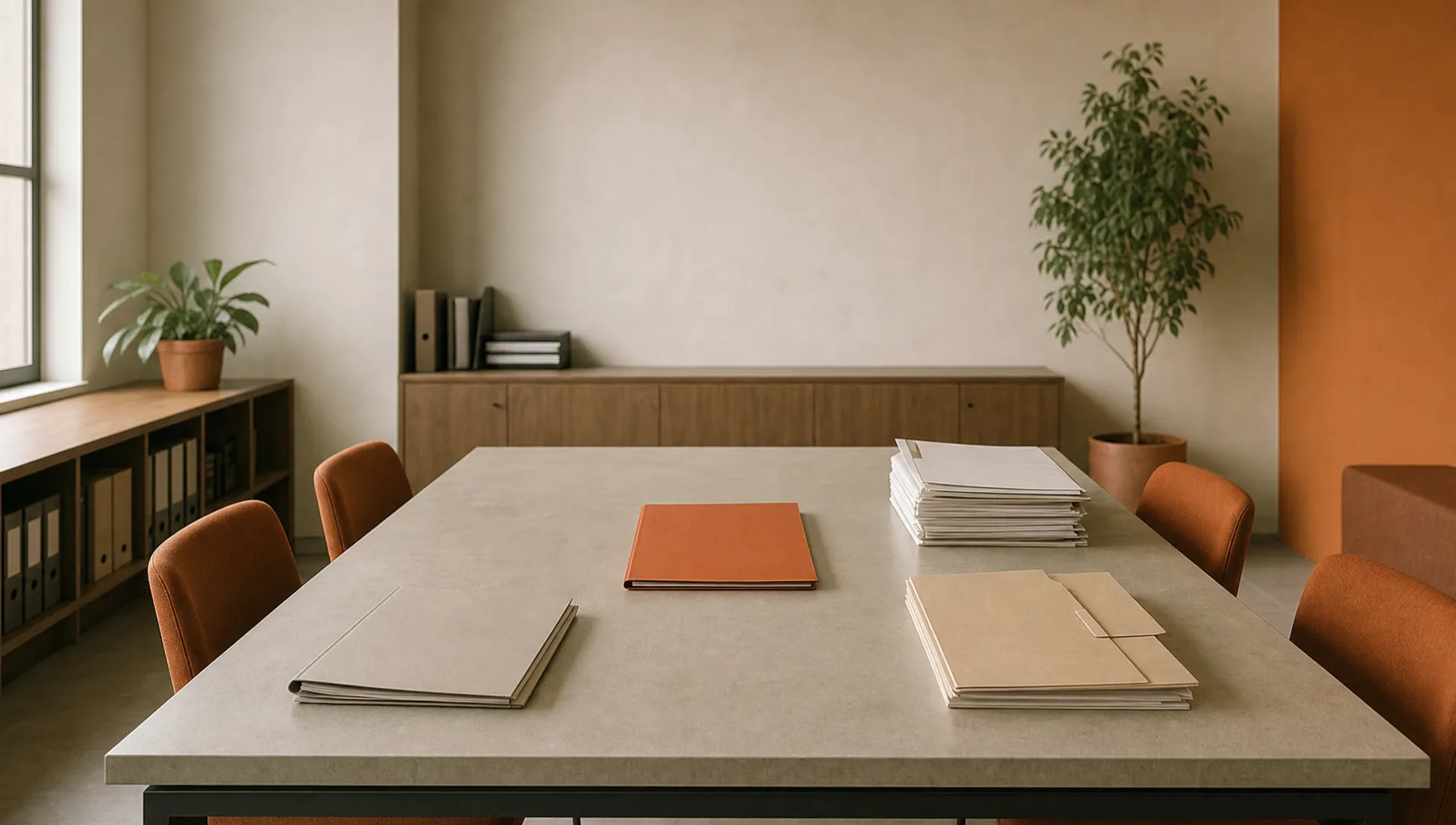 A quiet agency operations room holds a long worktable, unmarked folders and one burnt orange folder at the center.