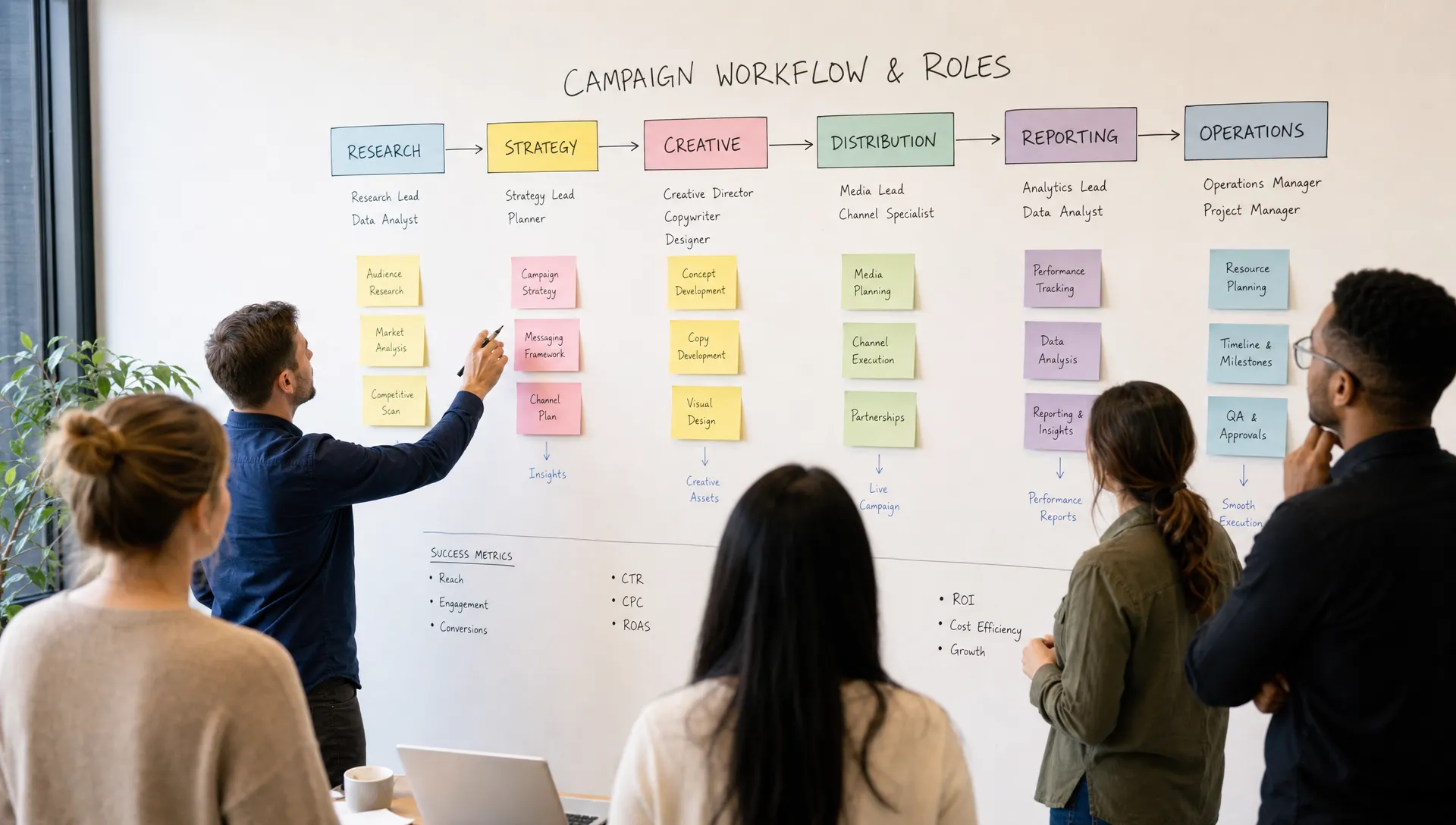 A marketing agency team mapping campaign roles on a wall, with sections for research, strategy, creative, distribution, reporting, and operations connected in a clear workflow, seen from an over-the-shoulder angle in a bright planning room.