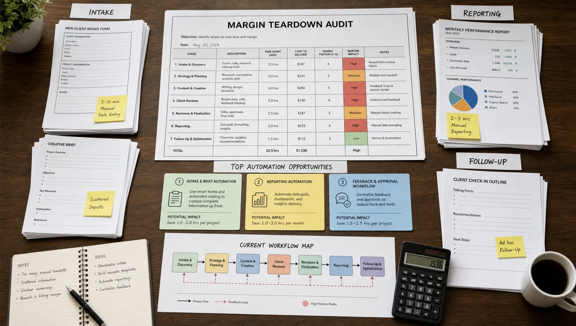 A conceptual overhead scene of a margin teardown workspace laid out on a large table, with a clear audit sheet in the center, three highlighted automation opportunity cards, a simple workflow map, a calculator, and neatly grouped intake, reporting, and follow-up documents arranged around it. No people are present; the composition should feel like a strategic review of where an agency loses time and margin, with the table and analysis materials as the clear focus.