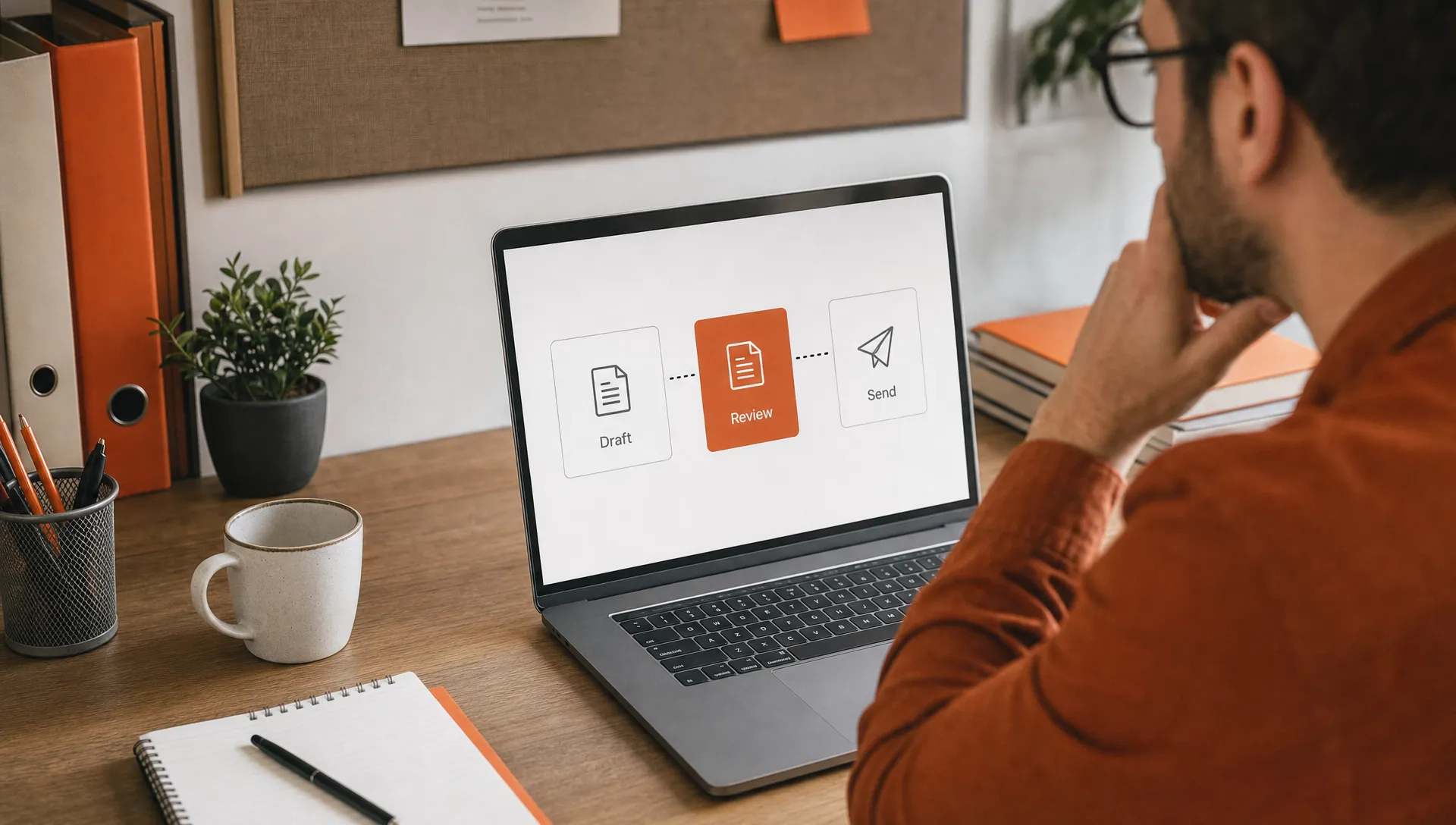 Three simple boxes show draft, review, and send, with the draft paused at review before reaching the client.