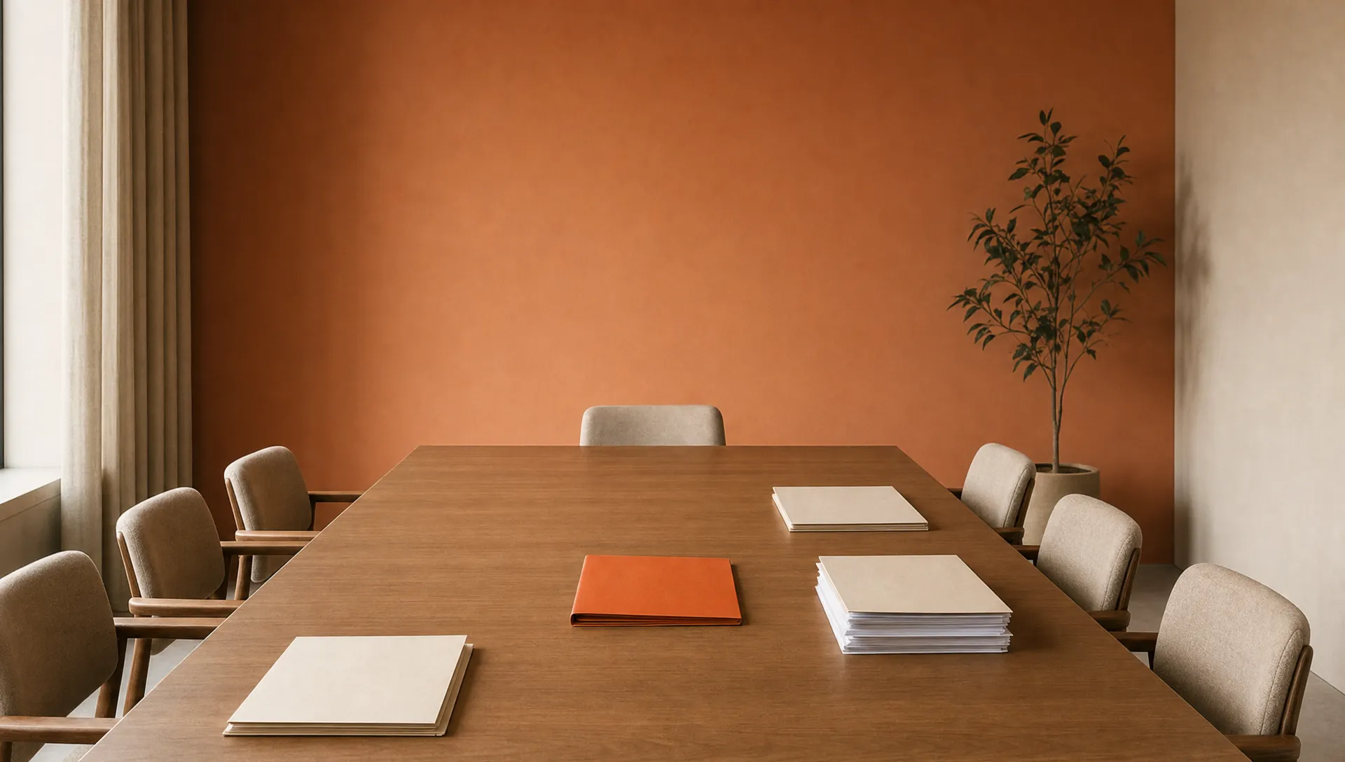 A quiet agency operations room shows a long table, report papers, and one burnt orange folder ready for review.