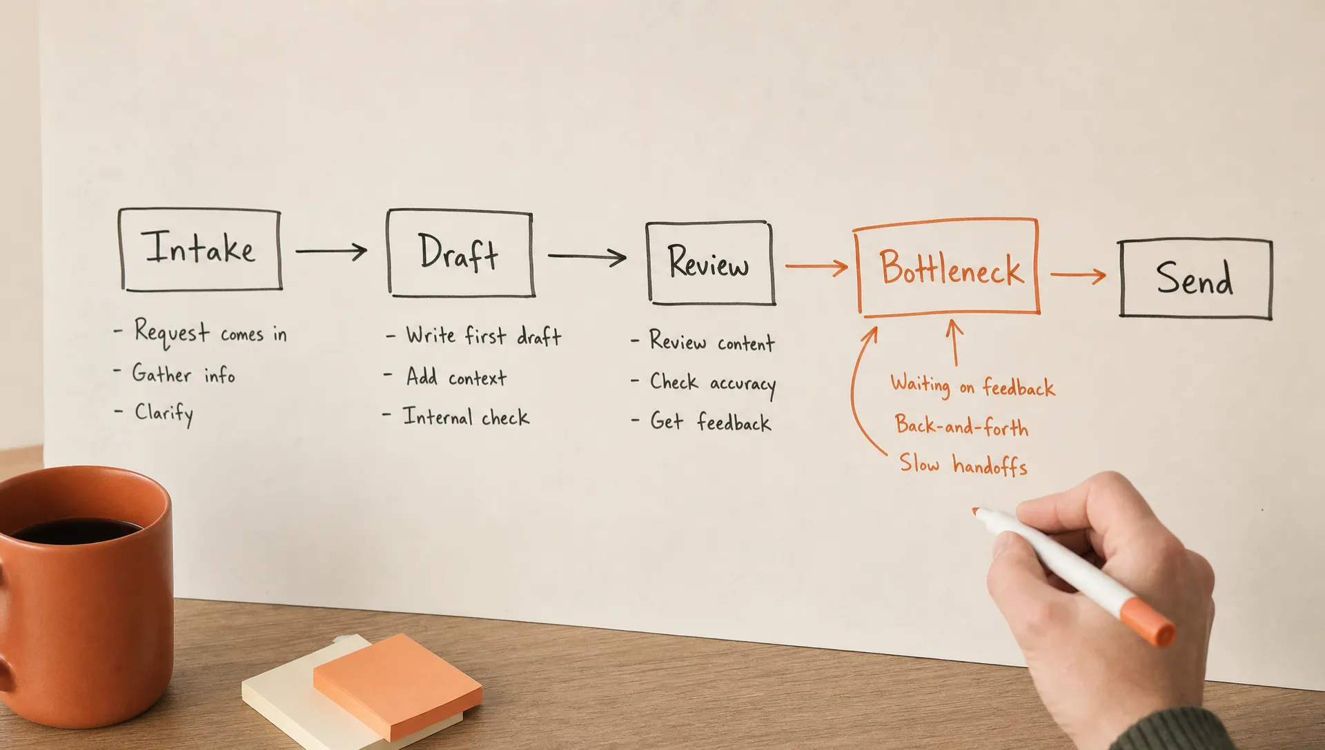 A simple hand-drawn workflow map on an off-white background shows handoffs moving from intake to draft to review to send, with a burnt orange bottleneck before send.