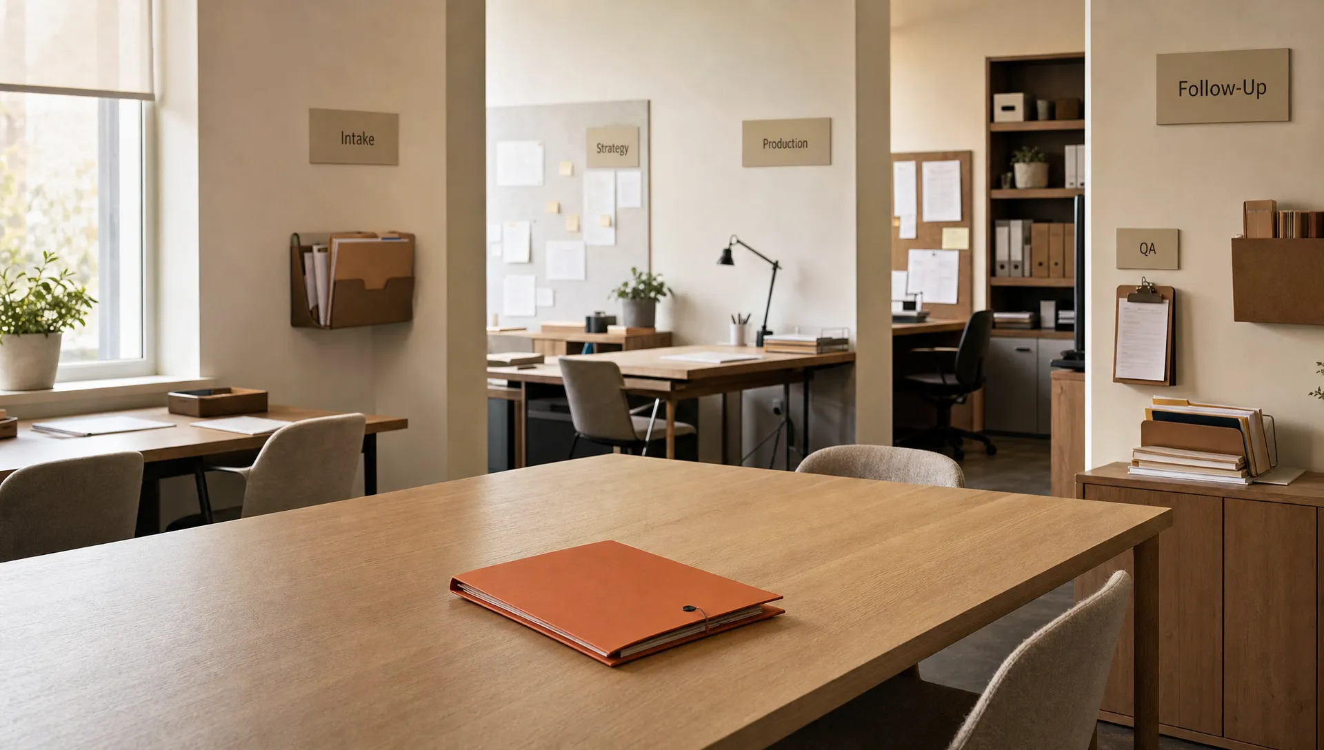 A quiet agency workspace shows the places where handoffs move between teams.