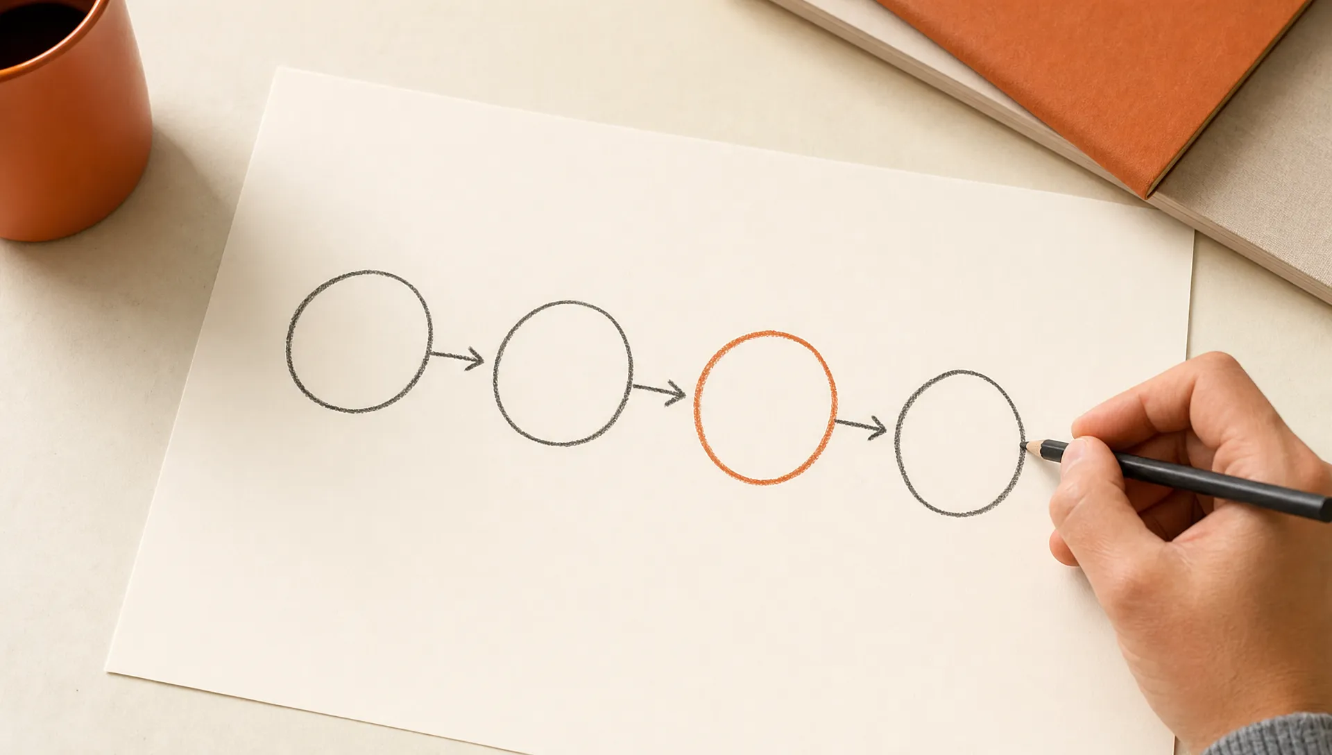 A hand-drawn workflow shows four unmarked stages connected in sequence, with the review stage picked out in burnt orange on an open off-white field.