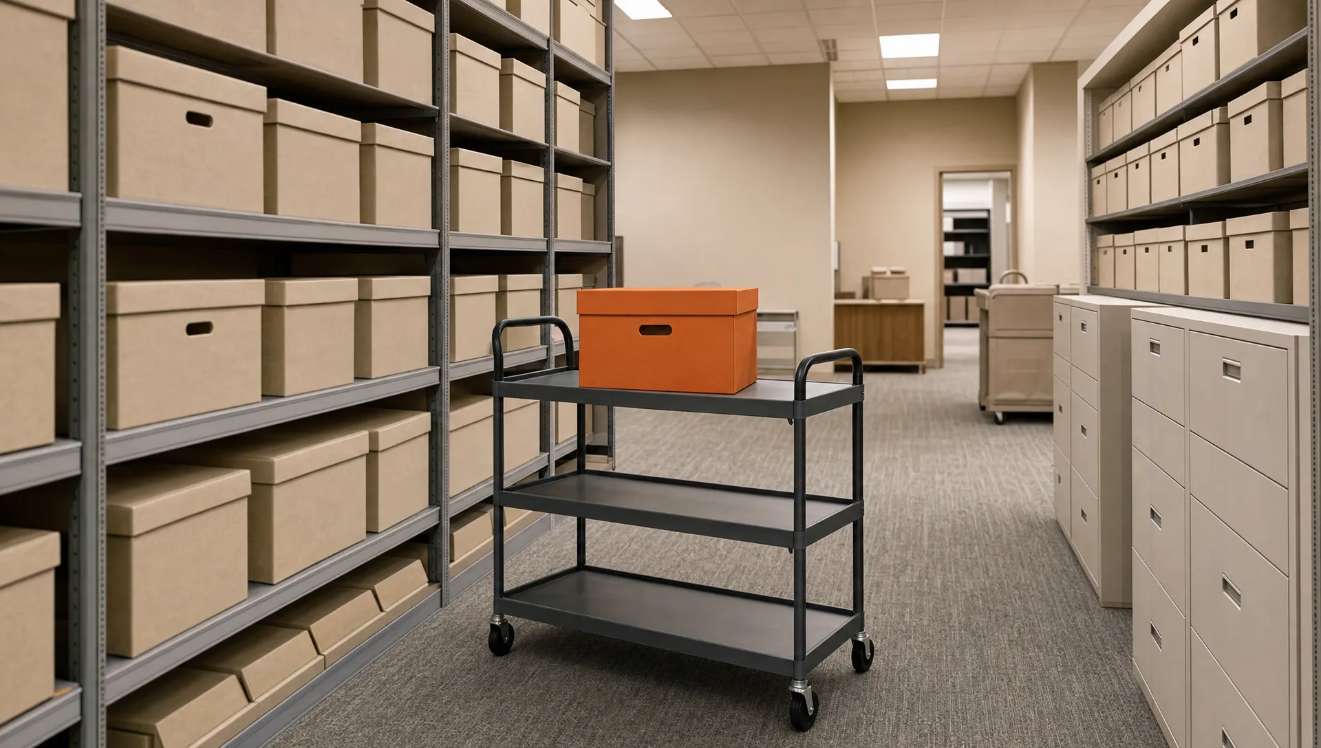 A cart of plain storage boxes sits among open shelves in an agency workroom, a practical setting for organizing recurring delivery operations.