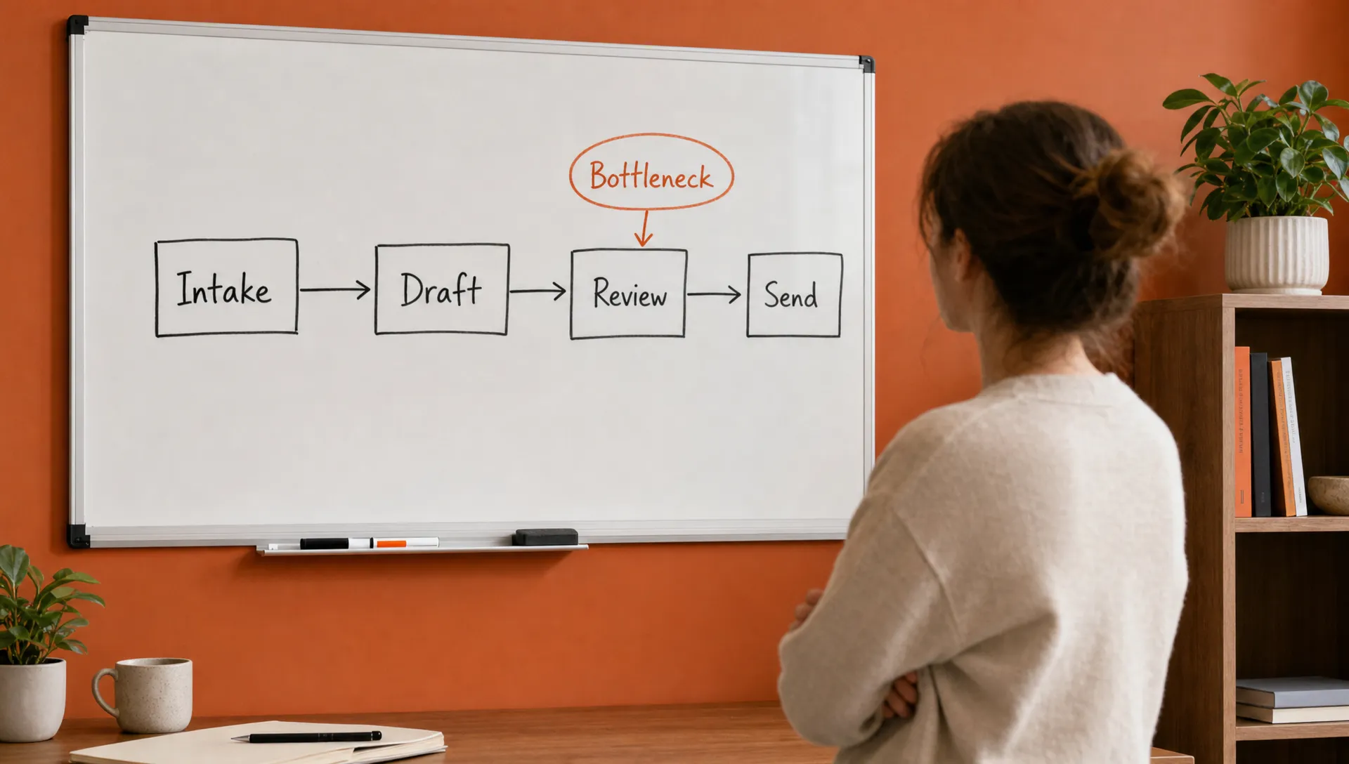 A simple workflow diagram with boxes for intake, draft, review and send, plus a burnt orange bottleneck marker near review.