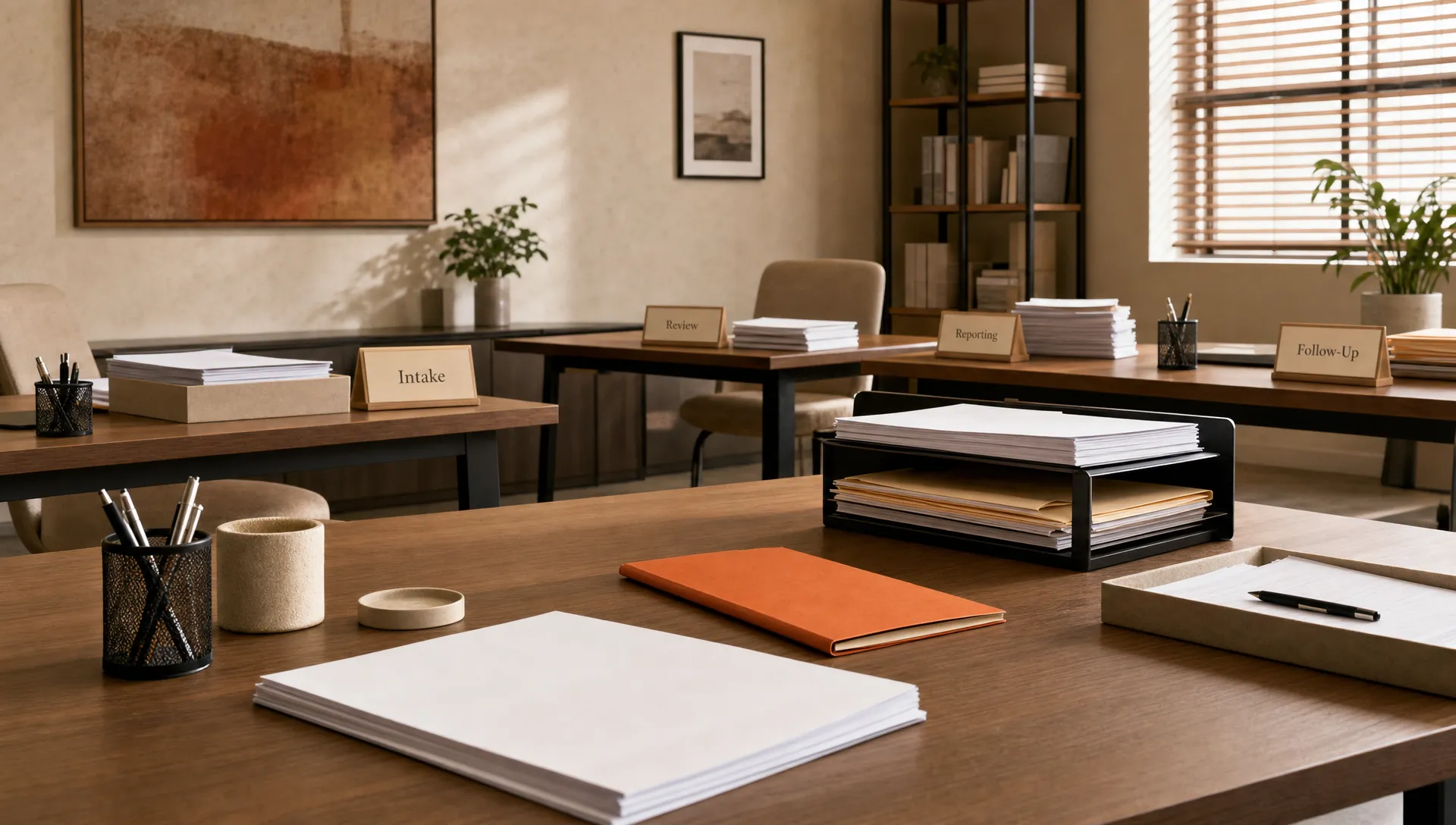 A calm agency operations room shows separate tables for intake, review, reporting and follow-up.