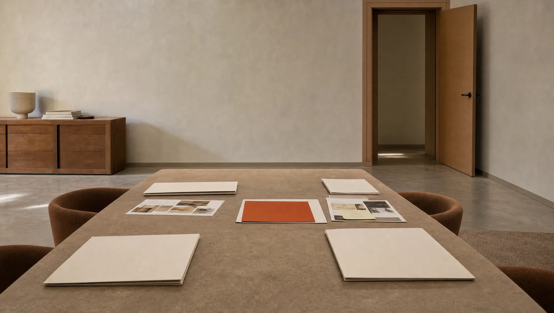 A quiet agency review room holds folders, source notes, and one burnt orange approval card on a long table.