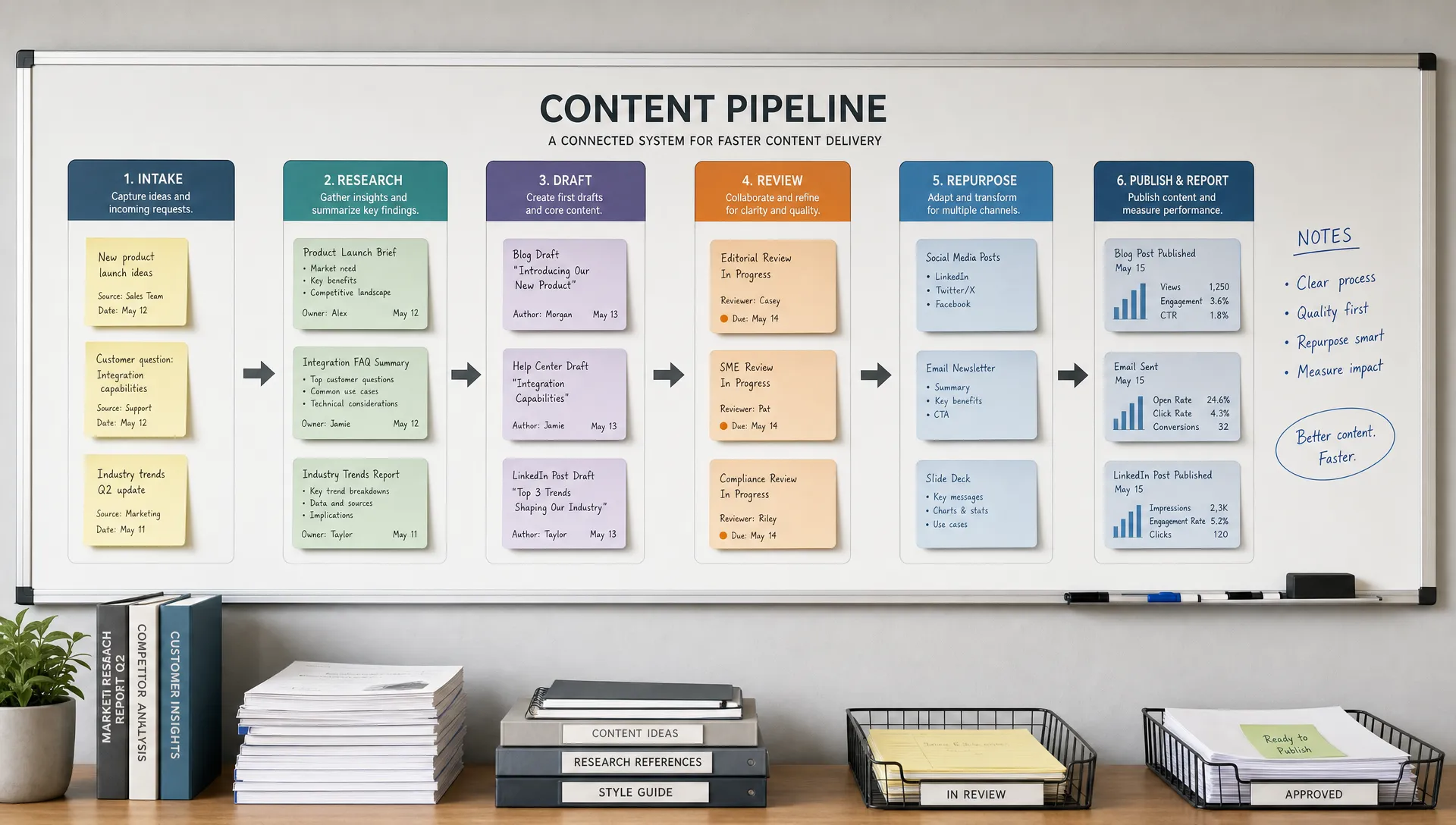 A wide conceptual scene of a content pipeline moving through a set of labeled production lanes on a large wall board, with intake notes, research summaries, draft cards, review checkpoints, repurposing outputs, and reporting sheets flowing from left to right. No people are present; the focus is on the connected system behind faster content delivery, with a clean workspace and a few neatly stacked source documents below the board.