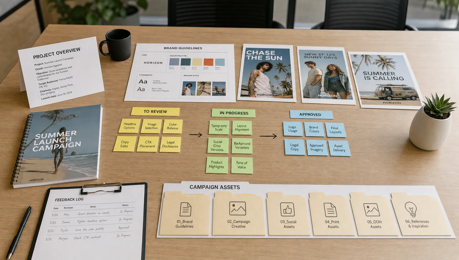 A design review table with organized project briefs, brand guidelines, printed campaign mockups, sticky notes grouped by review stage, and labeled asset folders arranged for a structured review session.
