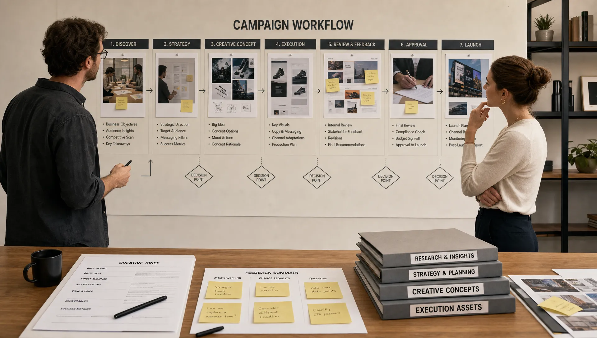 A wide scene in a creative agency meeting room with a lead strategist and creative director reviewing a wall of campaign stages, a brief template on the table, printed feedback notes, and a few neatly stacked asset folders. The composition should emphasize structured review, clearer handoffs, and decision points across a creative workflow, with no screen content visible.