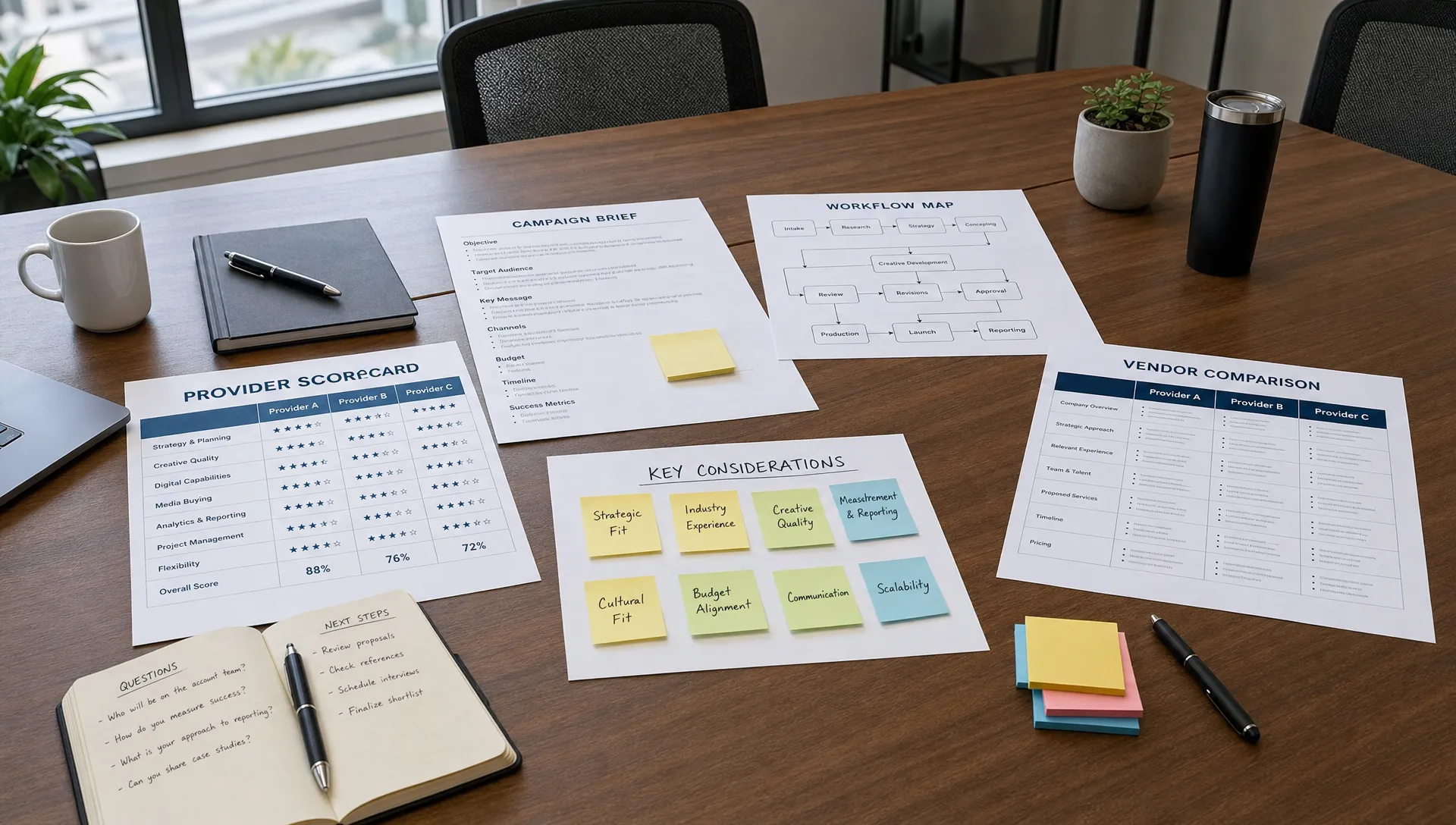 A conference table holds provider scorecards, campaign briefs, workflow maps, and sticky notes for comparing marketing vendors.