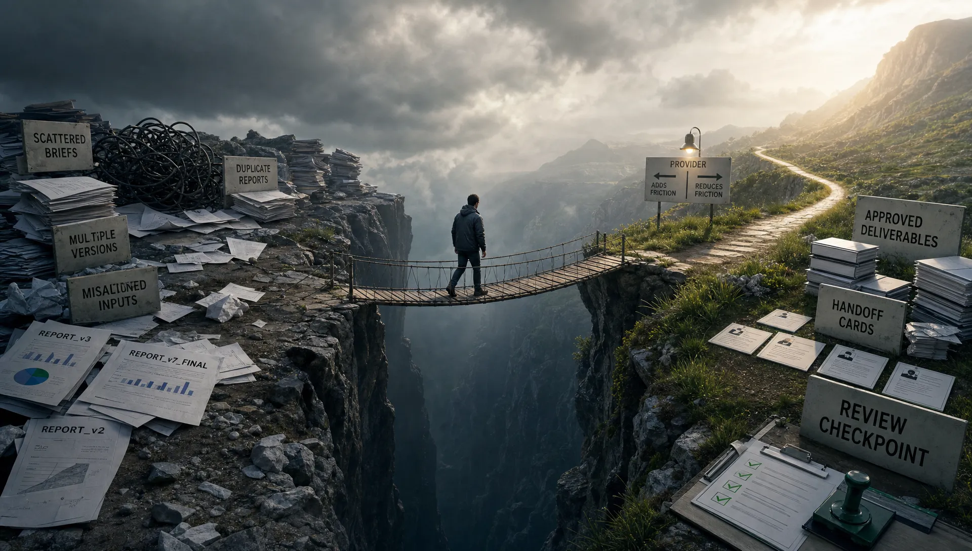 A bridge connects messy briefs to clean deliverables, showing how a marketing provider can reduce friction or add it.