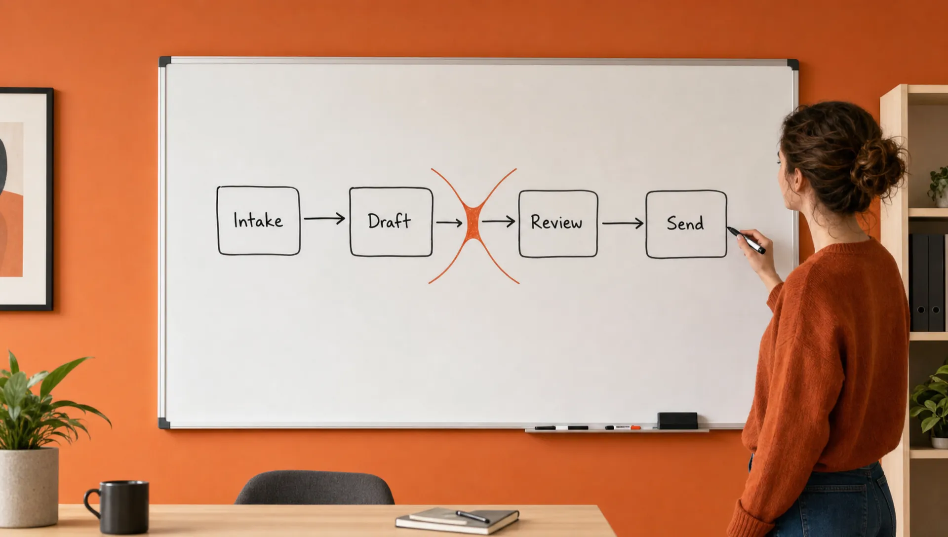 A simple workflow diagram shows intake, draft, review, and send boxes with a burnt orange bottleneck marker between draft and review.
