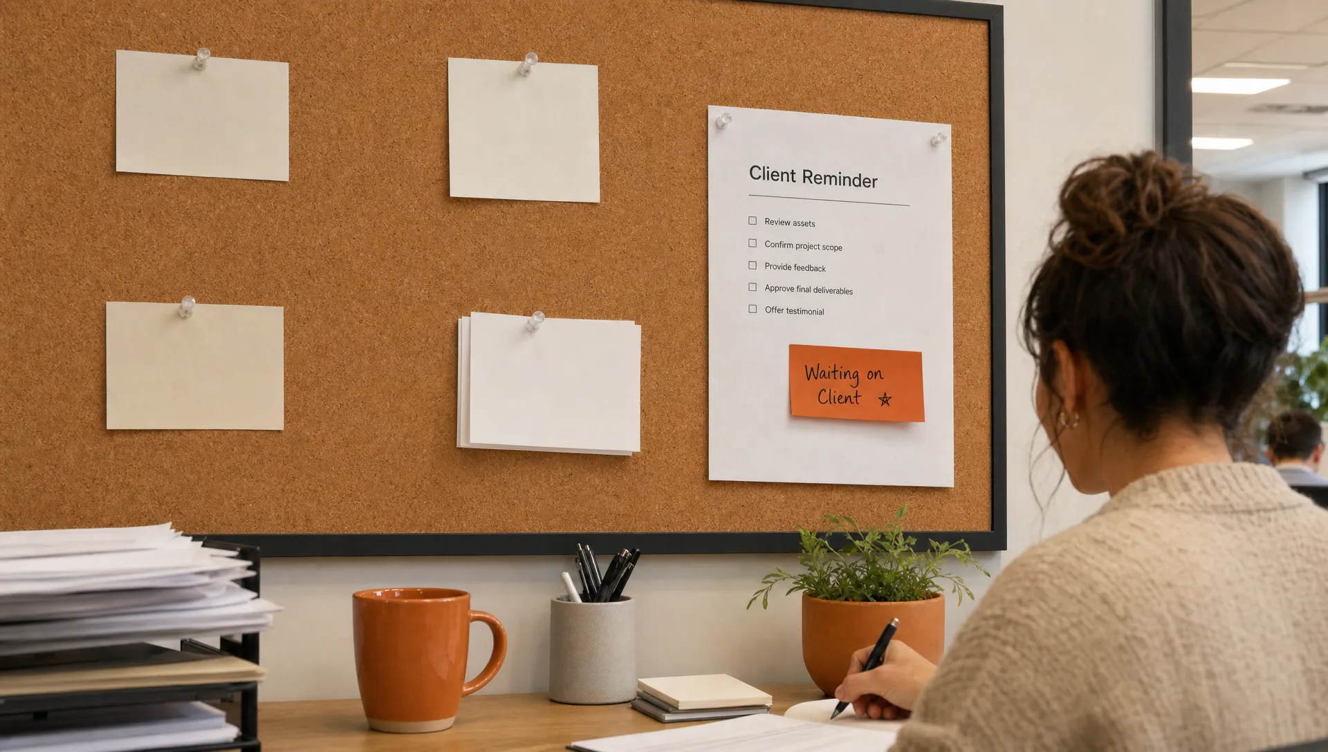 An office pinboard holds note cards, a reminder sheet, and a burnt orange tab for a follow-up item.