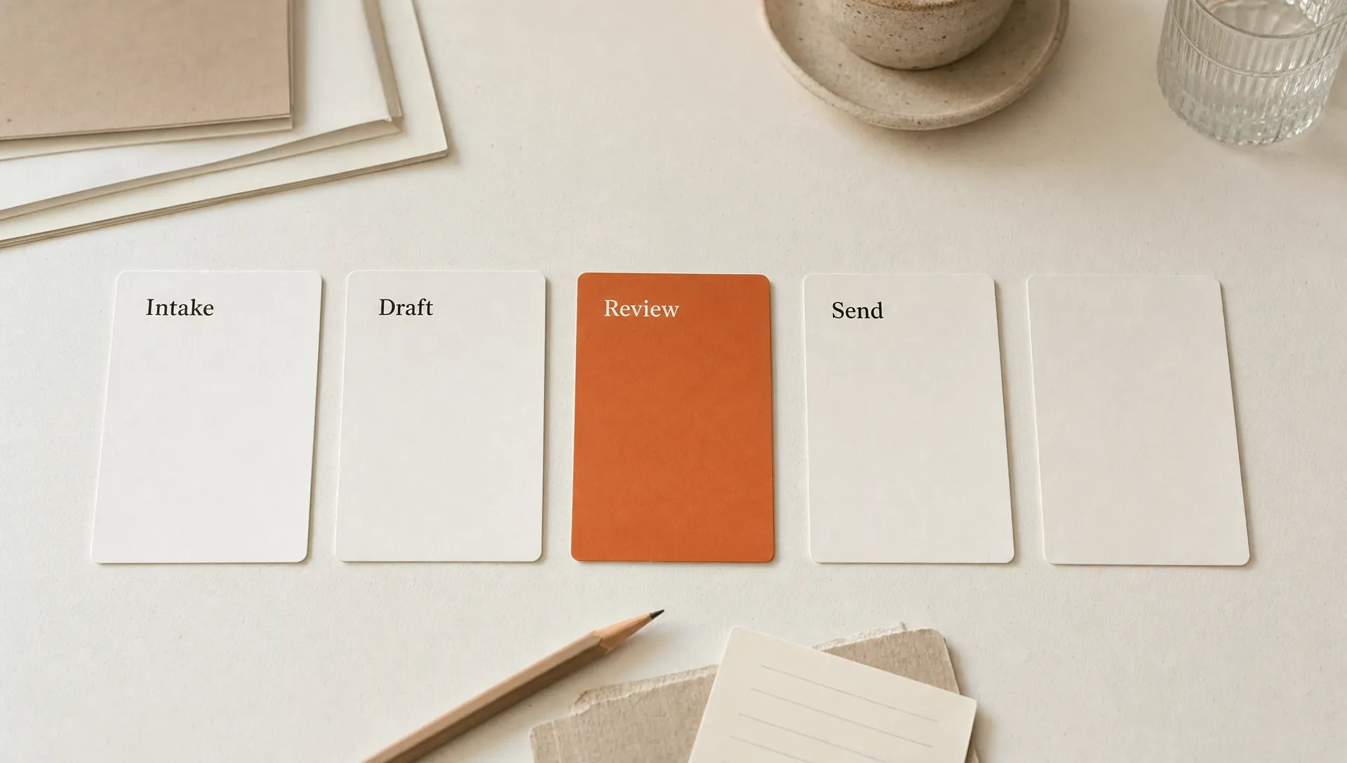 Blank workflow cards show where review sits between intake, draft and send in agency operations.
