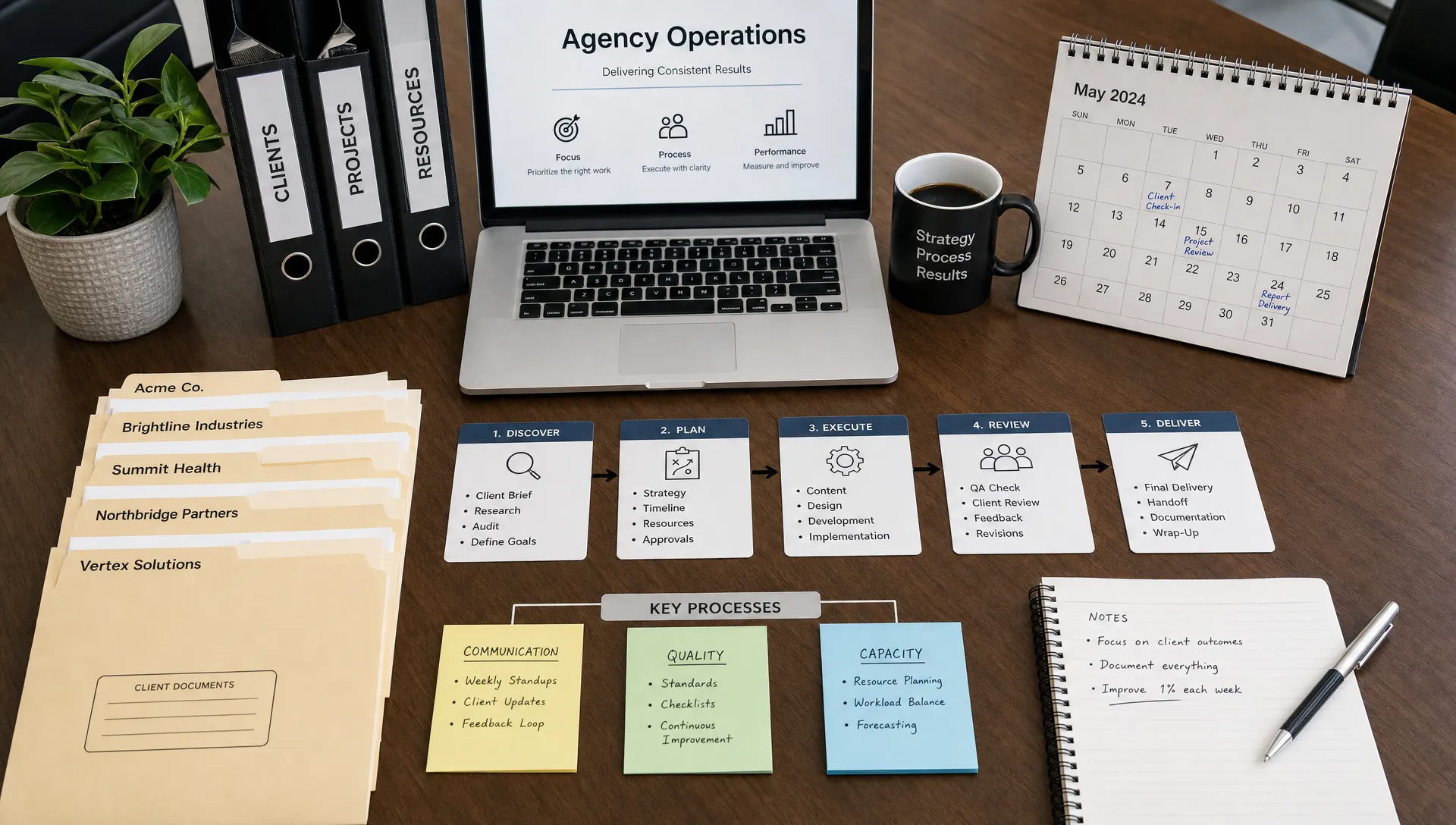 A tidy agency operations workspace with labeled workflow cards, client folders, a calendar, and connected process notes arranged neatly on a conference table to show organized delivery without clutter.
