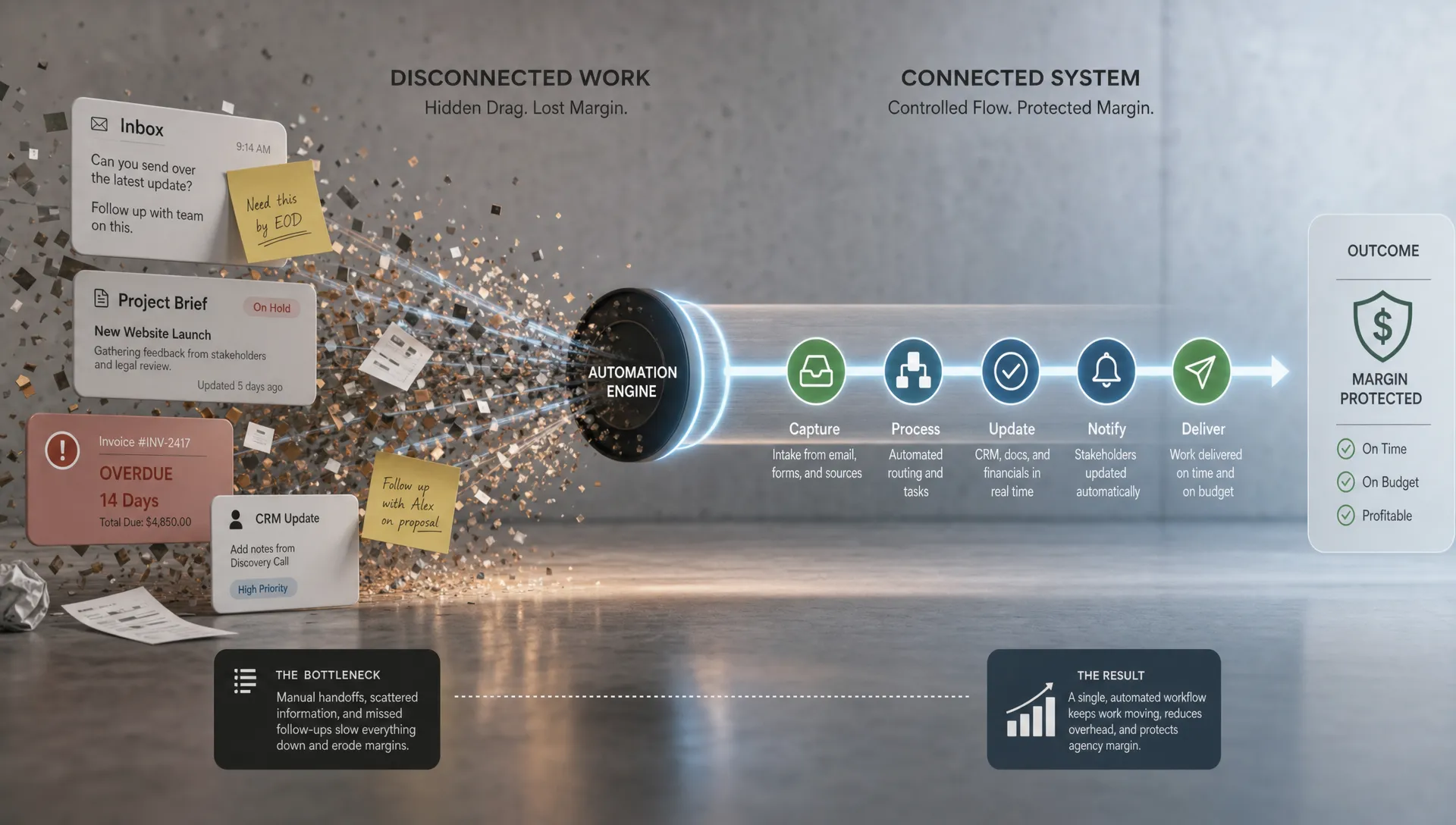 A wide conceptual scene of a single agency bottleneck being removed: a tight cluster of scattered admin items — inbox notes, a stalled brief, an overdue invoice flag, a CRM update card, and a follow-up reminder — dissolving into one clean automated workflow path that leads toward a clearer delivery lane. No people are present. The composition should feel like hidden operational drag being turned into a controlled system, with the focus on margin protection rather than a generic office board.