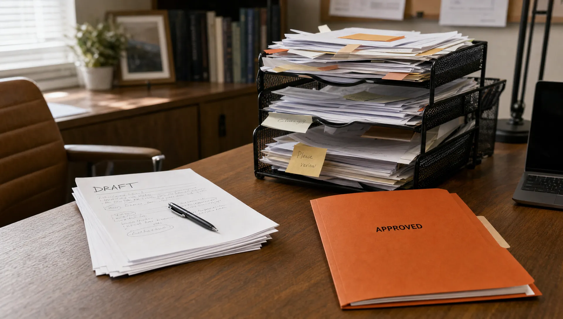 A small stack of draft pages sits beside a crowded review tray and a single burnt orange approval folder, showing the extra checking work in agency ops.