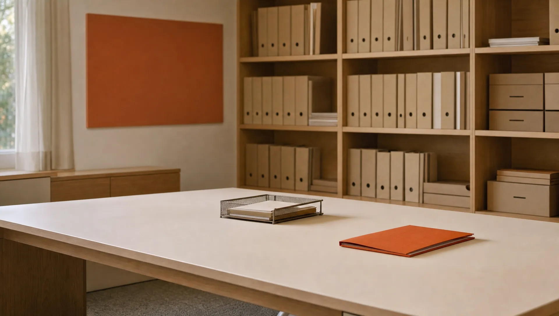 A quiet agency operations room shows blank folders, trays, and a single burnt orange folder ready for handoffs.