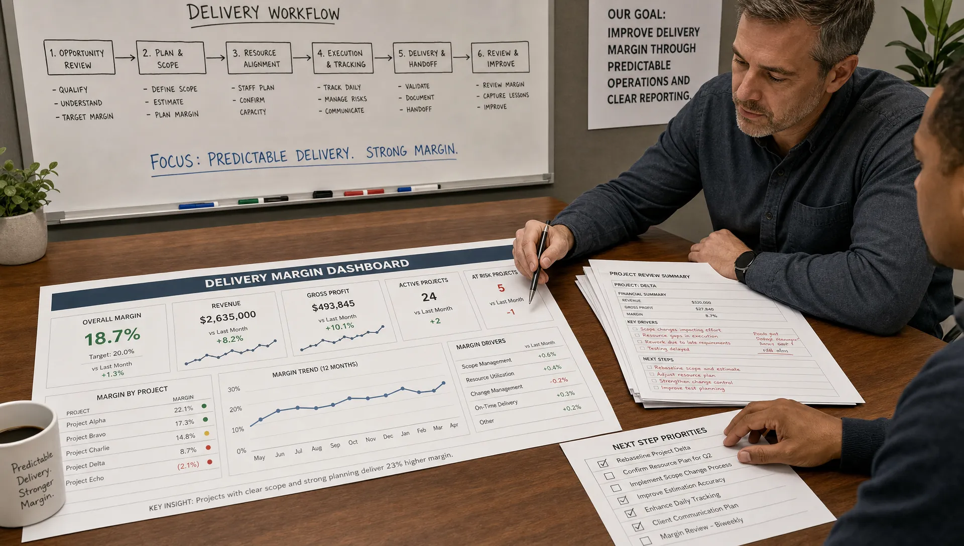 A wide scene in a client reporting and operations planning room, with a large printed margin dashboard on the table, a whiteboard showing a simple delivery workflow, a stack of annotated report pages, and one person reviewing the next-step priorities with a second person placing a hand on a checklist. The focus is on improving delivery margin through predictable operations and reporting, with no screens visible.
