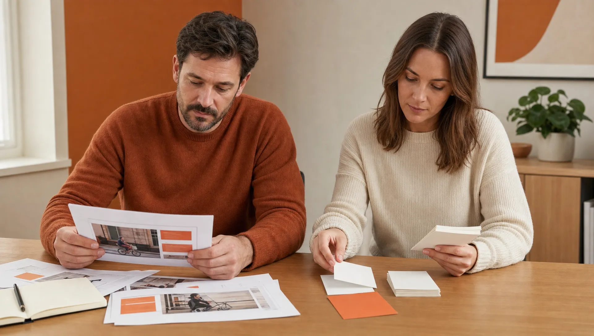 Two agency operators review printed work samples and notes while testing a delivery workflow.
