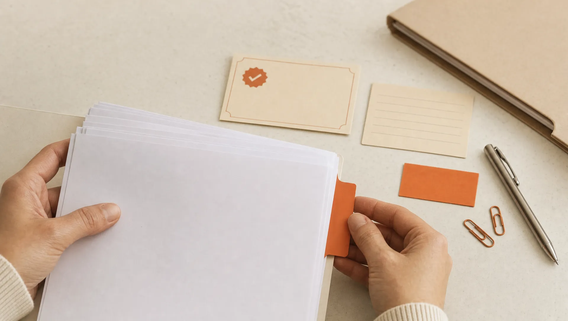 A routing packet with client and inquiry cards sits on a table, with a burnt orange tab marking the first ownership decision.