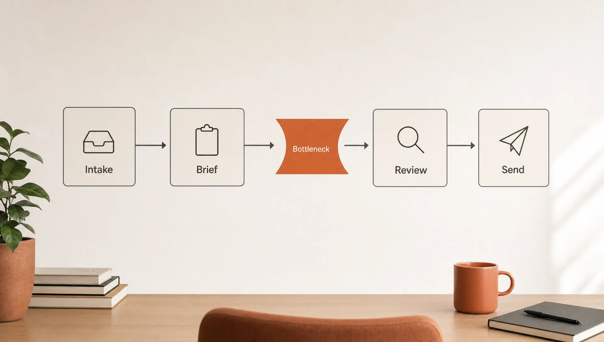 A simple workflow path on an off-white background shows intake, brief, review and send with a burnt orange bottleneck between brief and review.