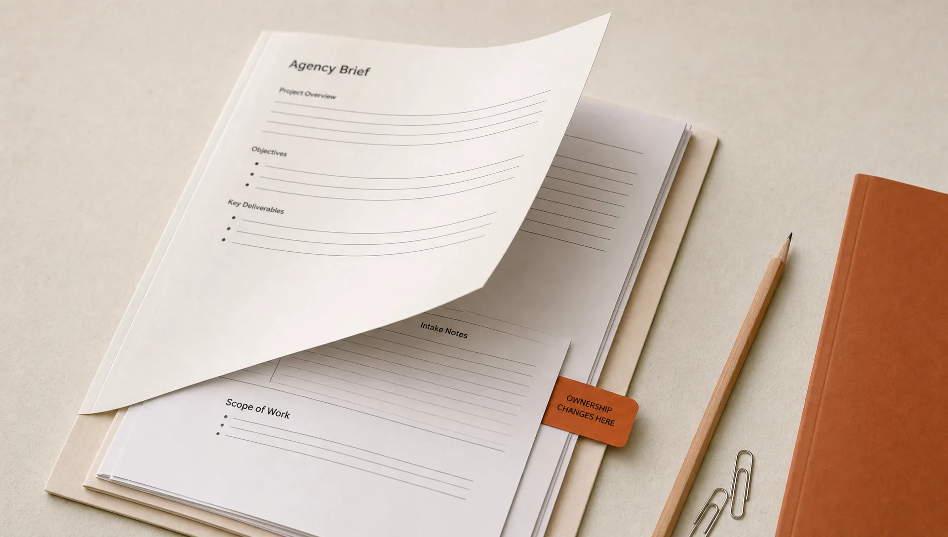 A brief packet on a table shows intake notes, a scope sheet, and a burnt orange tab marking the handoff point.